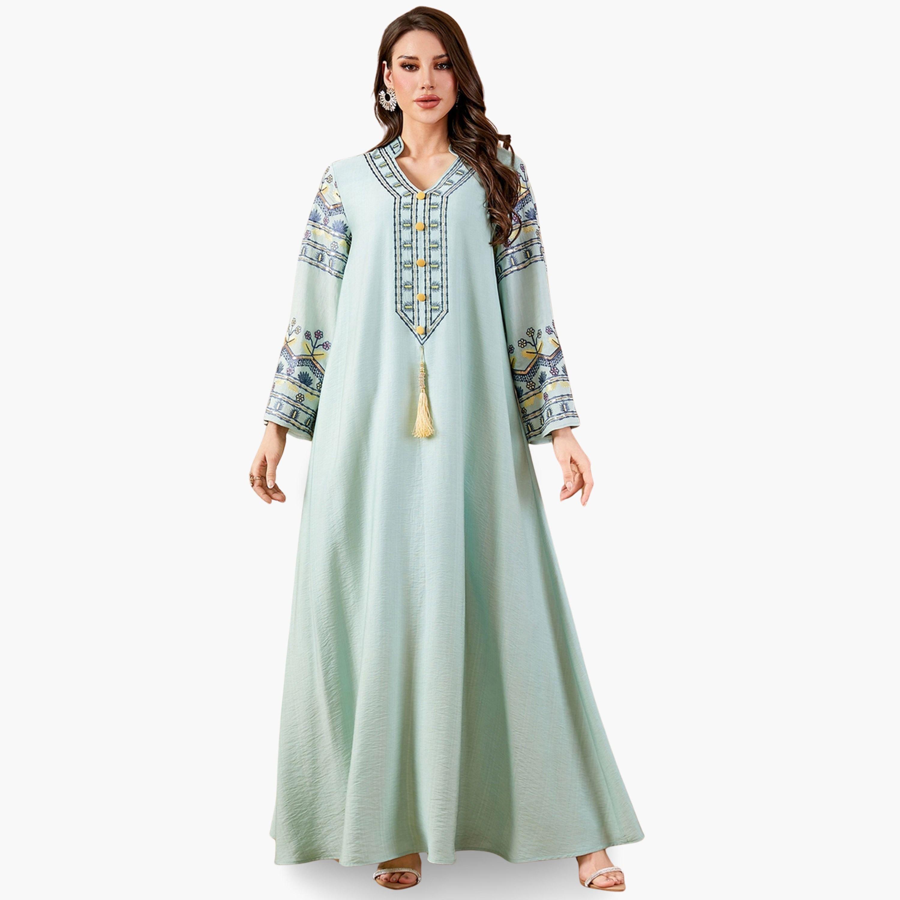 جلابية طويلة مطرزة بياقة سبعة وأكمام طويلة وشرابات-women-arabicclothing-jalabiyas-image-2