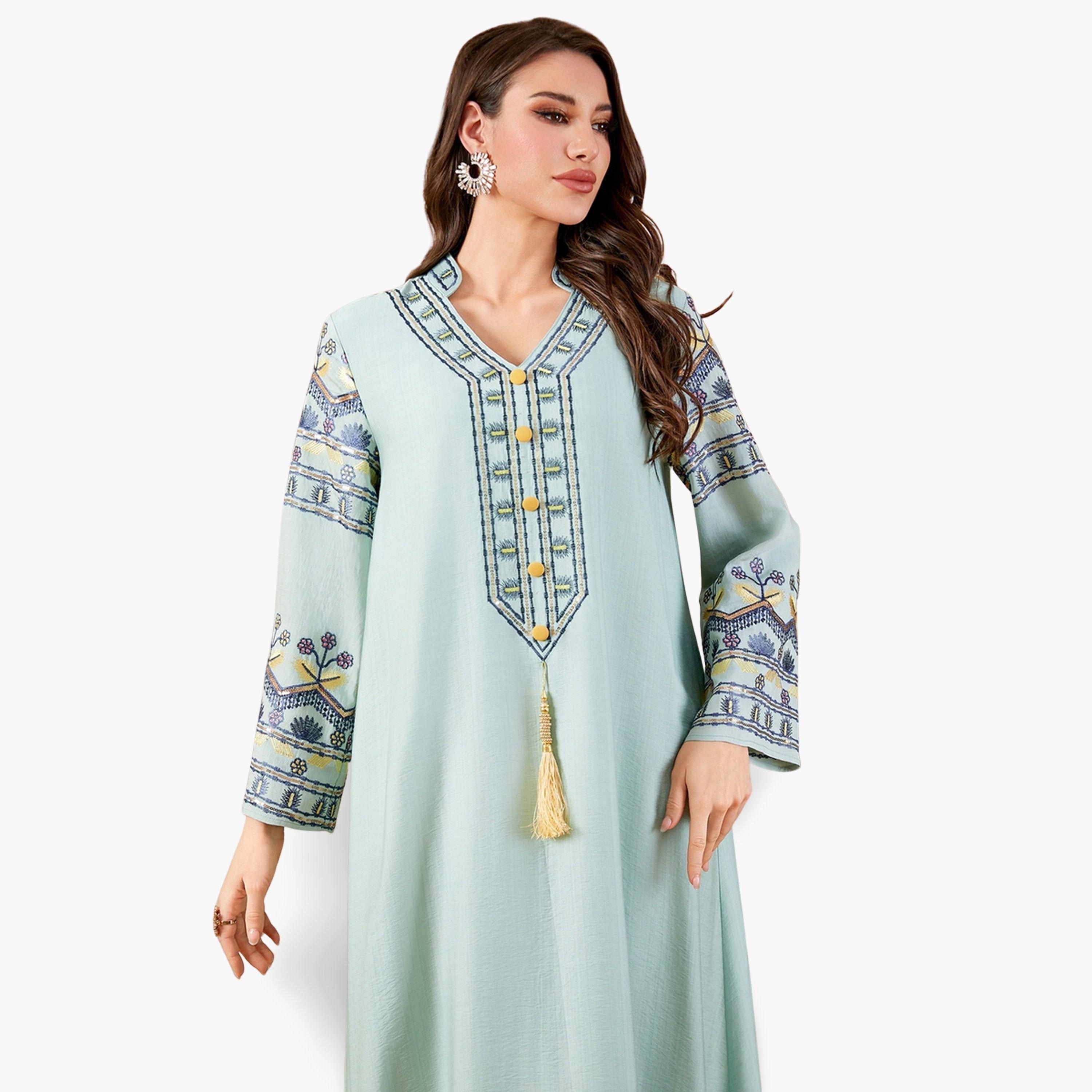 جلابية طويلة مطرزة بياقة سبعة وأكمام طويلة وشرابات-women-arabicclothing-jalabiyas-image-3