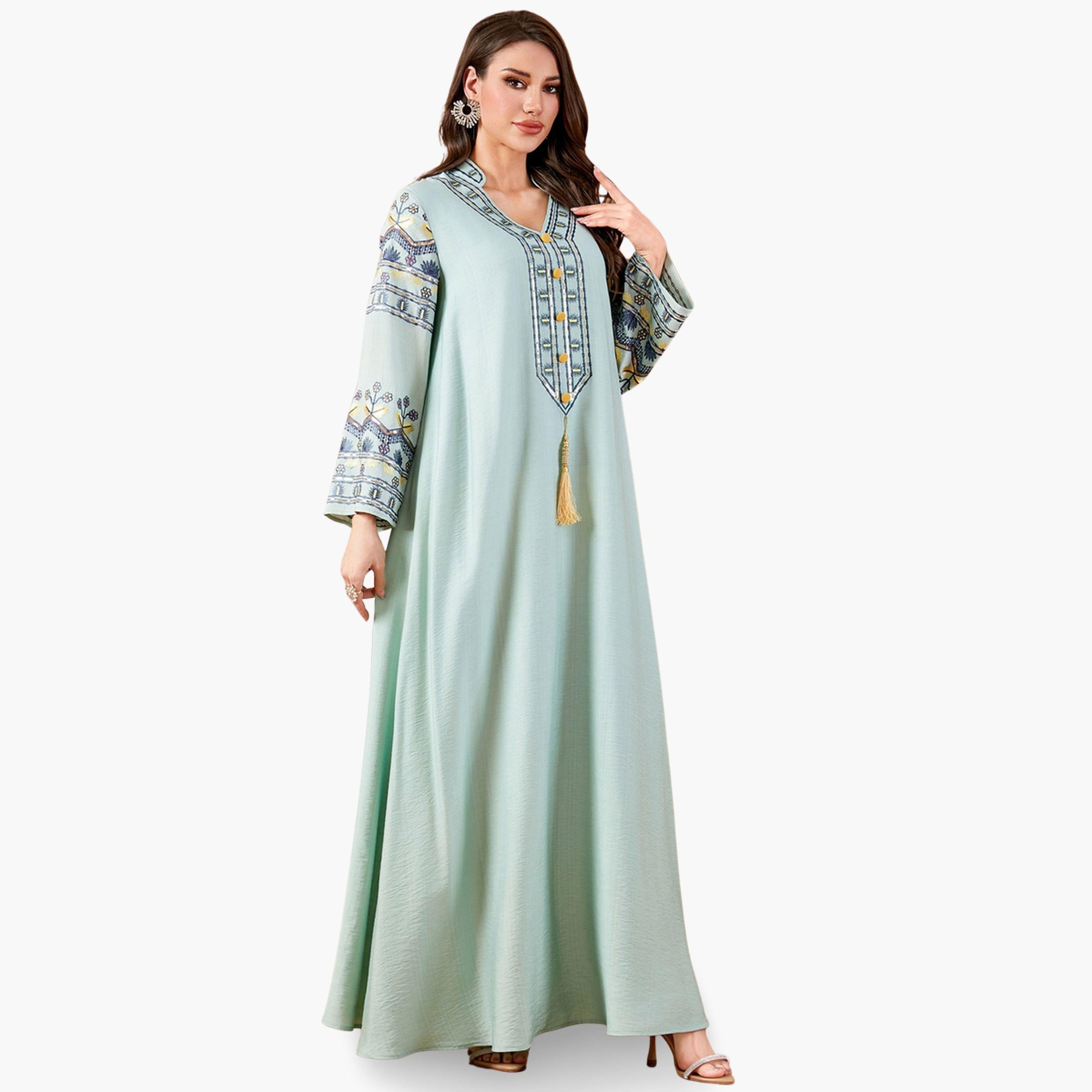 جلابية طويلة مطرزة بياقة سبعة وأكمام طويلة وشرابات-women-arabicclothing-jalabiyas-image-5
