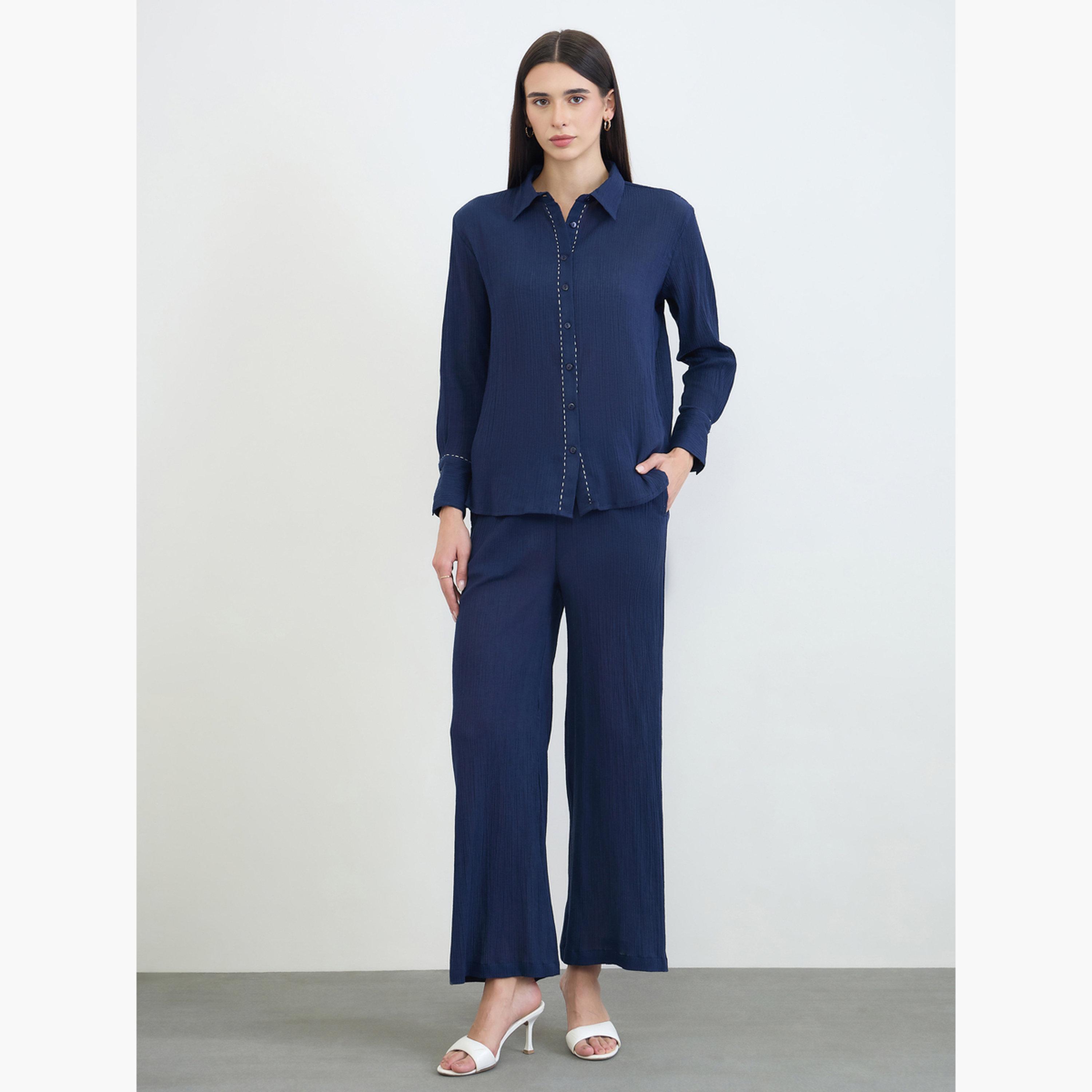 Styli Navy Blue Textured Cotton Shirt and Pants Co-Ord Set-women-clothing-coordsets-image-1