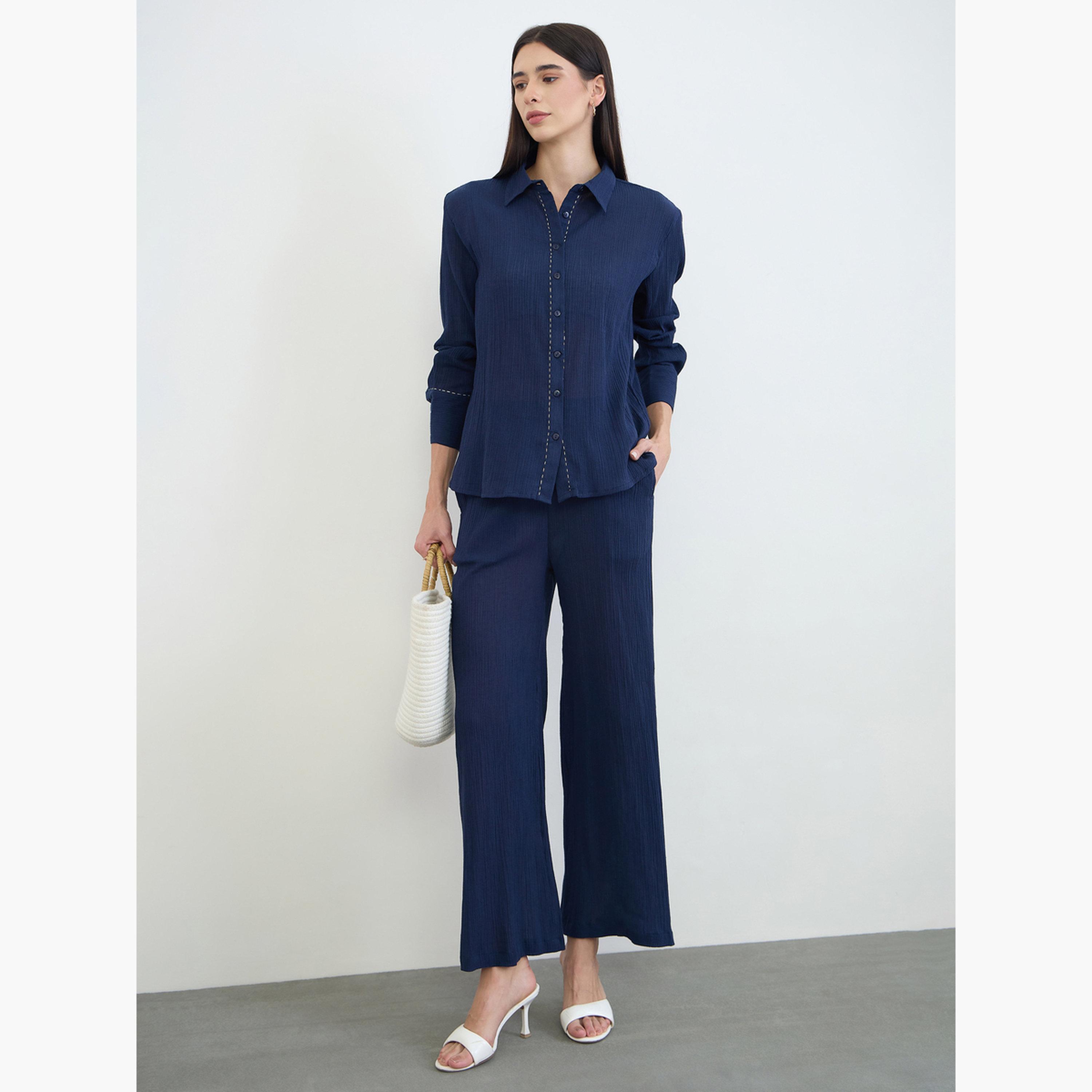 Styli Navy Blue Textured Cotton Shirt and Pants Co-Ord Set-women-clothing-coordsets-image-2