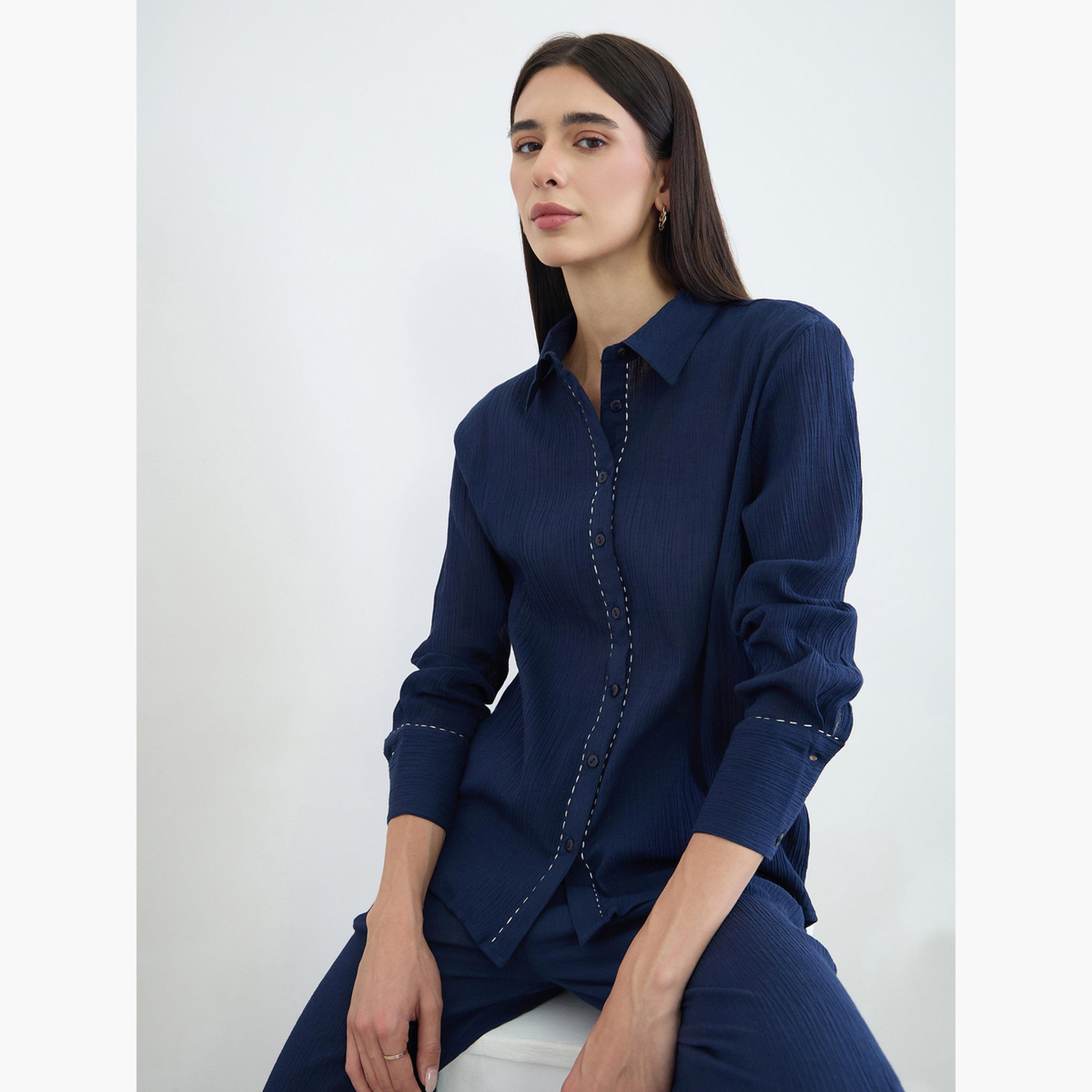 Styli Navy Blue Textured Cotton Shirt and Pants Co-Ord Set-women-clothing-coordsets-image-3