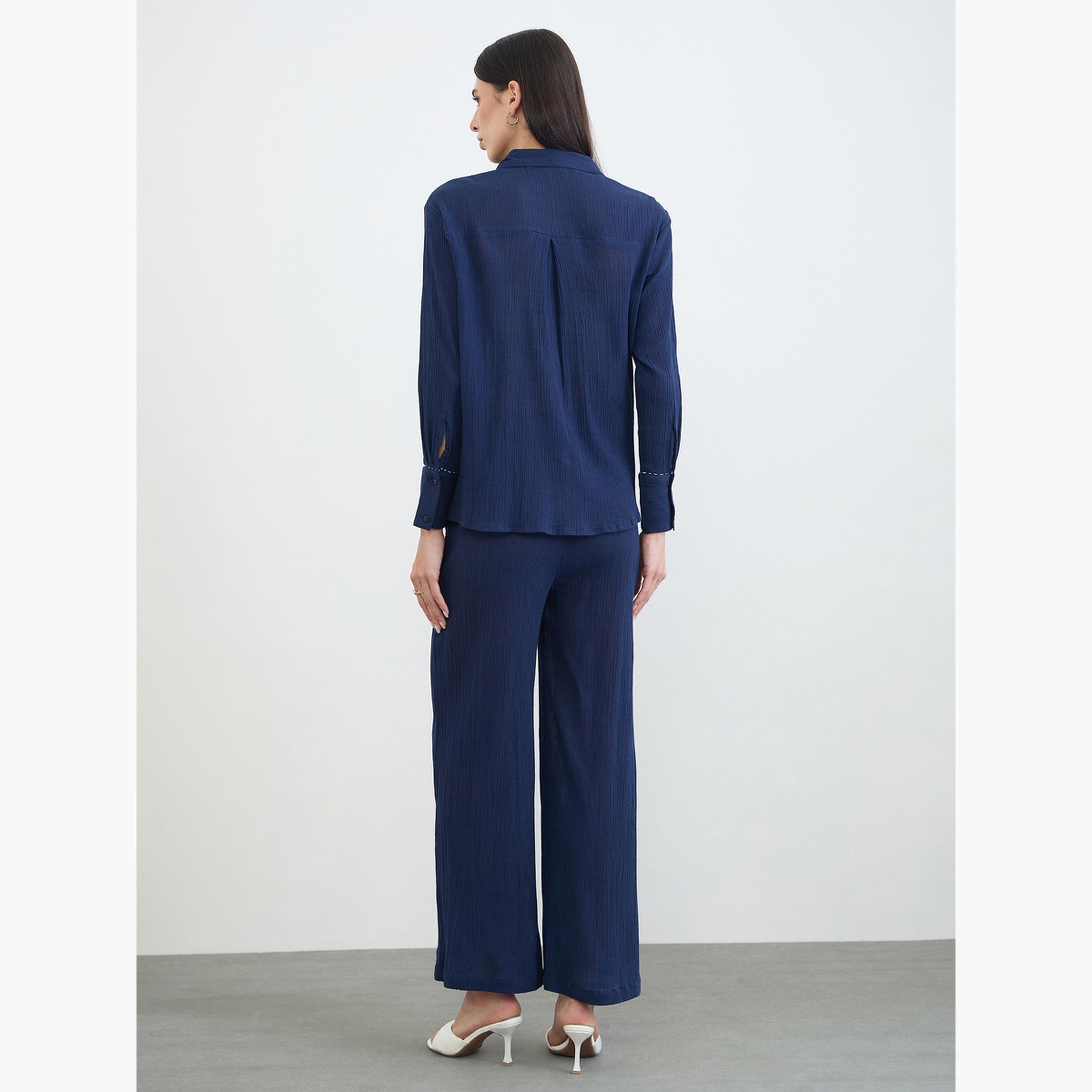 Styli Navy Blue Textured Cotton Shirt and Pants Co-Ord Set-women-clothing-coordsets-image-4