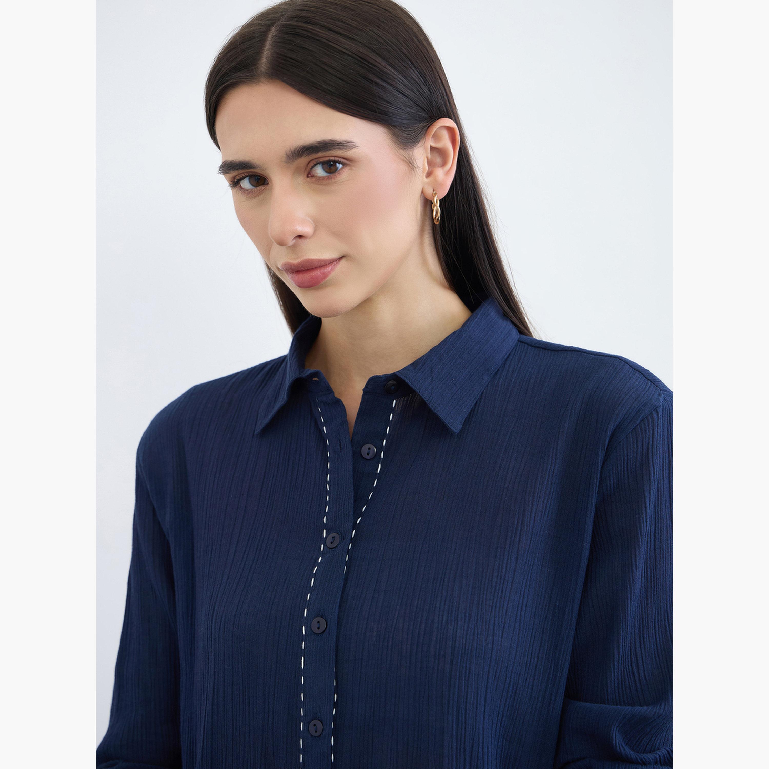 Styli Navy Blue Textured Cotton Shirt and Pants Co-Ord Set-women-clothing-coordsets-image-5