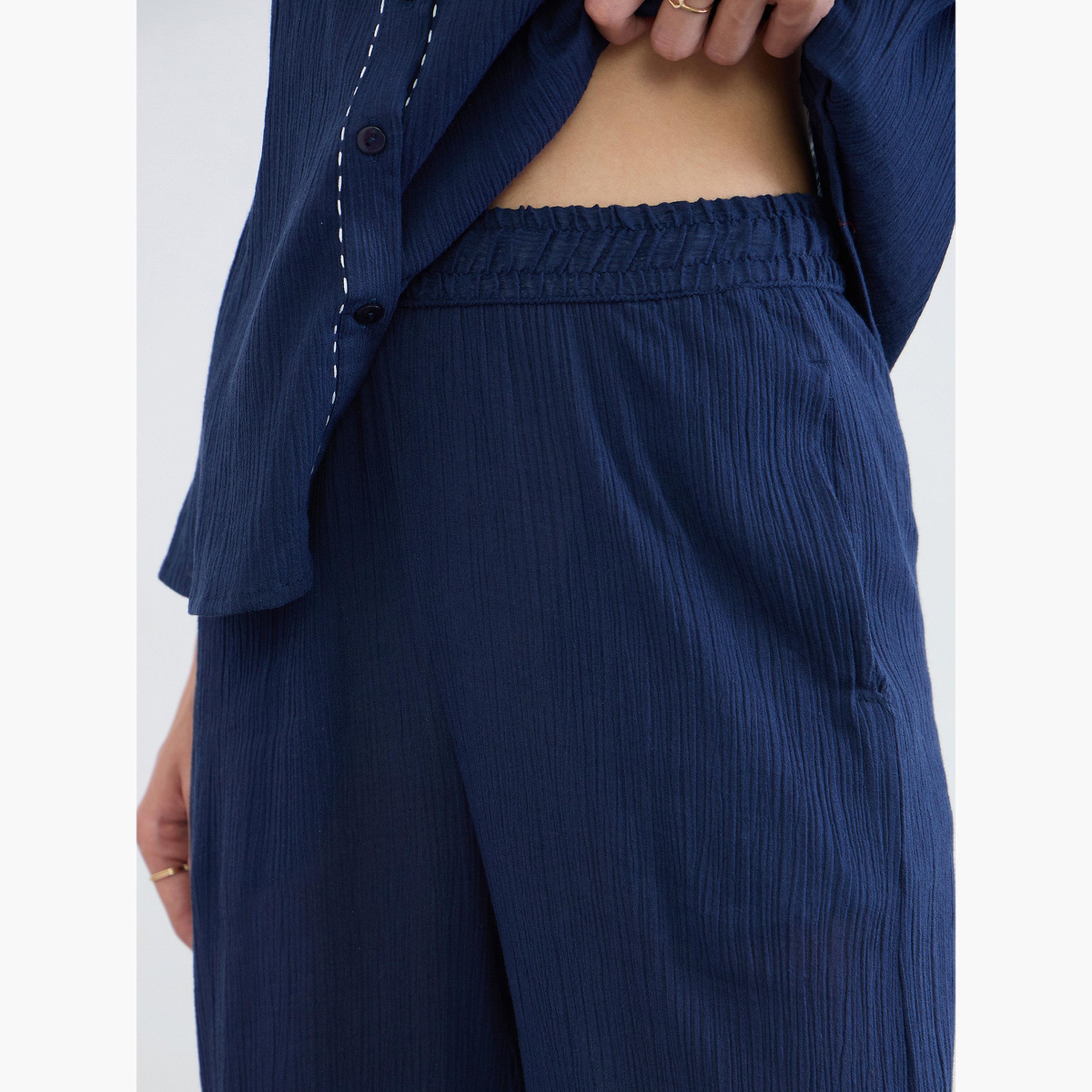 Styli Navy Blue Textured Cotton Shirt and Pants Co-Ord Set-women-clothing-coordsets-image-6