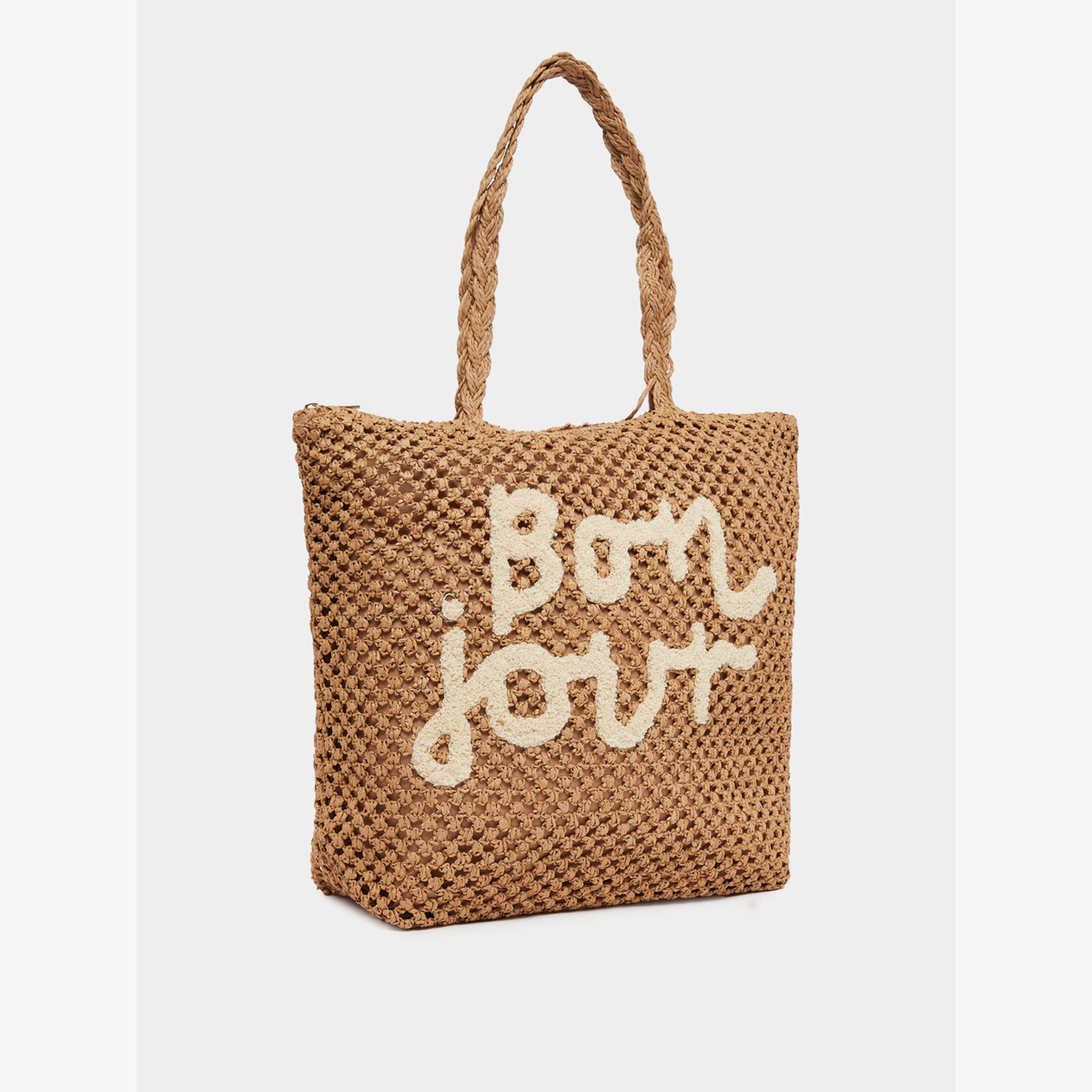 Styli Khaki Woven Beach Tote Bag with Bonjour Embroidery-women-bagsandwallets-handbags-image-1