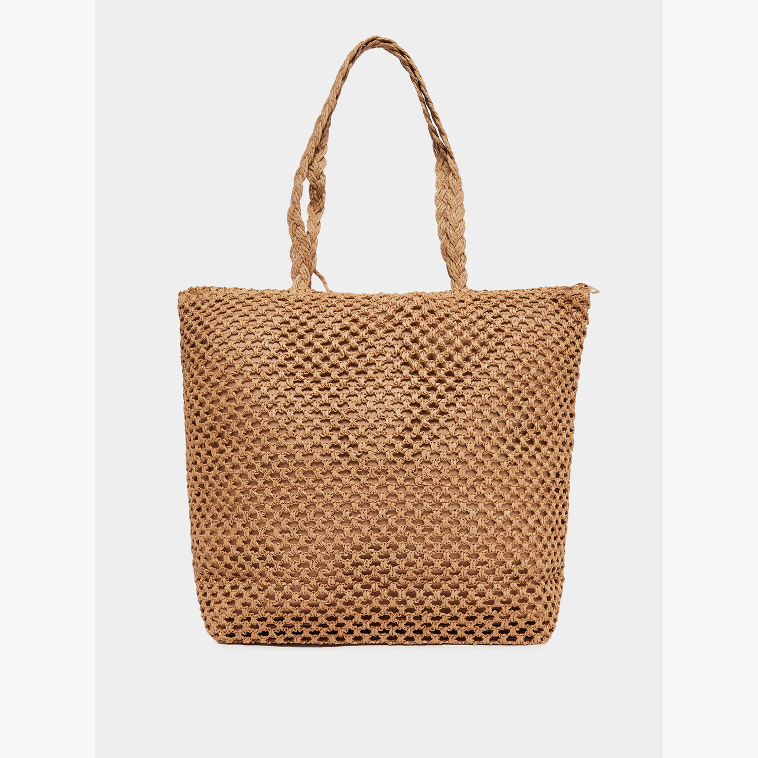 Styli Khaki Woven Beach Tote Bag with Bonjour Embroidery-women-bagsandwallets-handbags-image-3