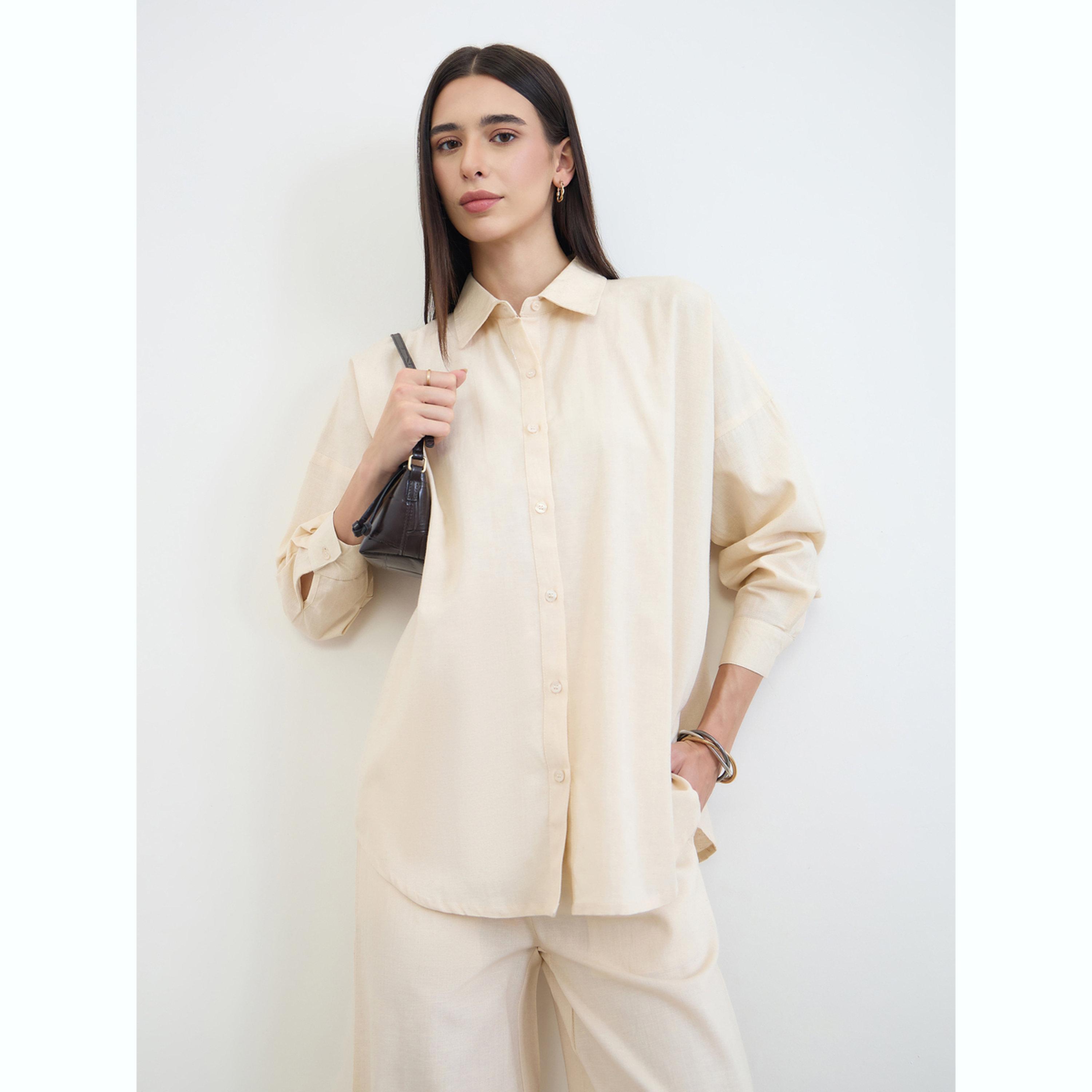 طقم منسق من بنطال وبلوزة قطن بقصة مريحة-women-clothing-coordsets-image-3