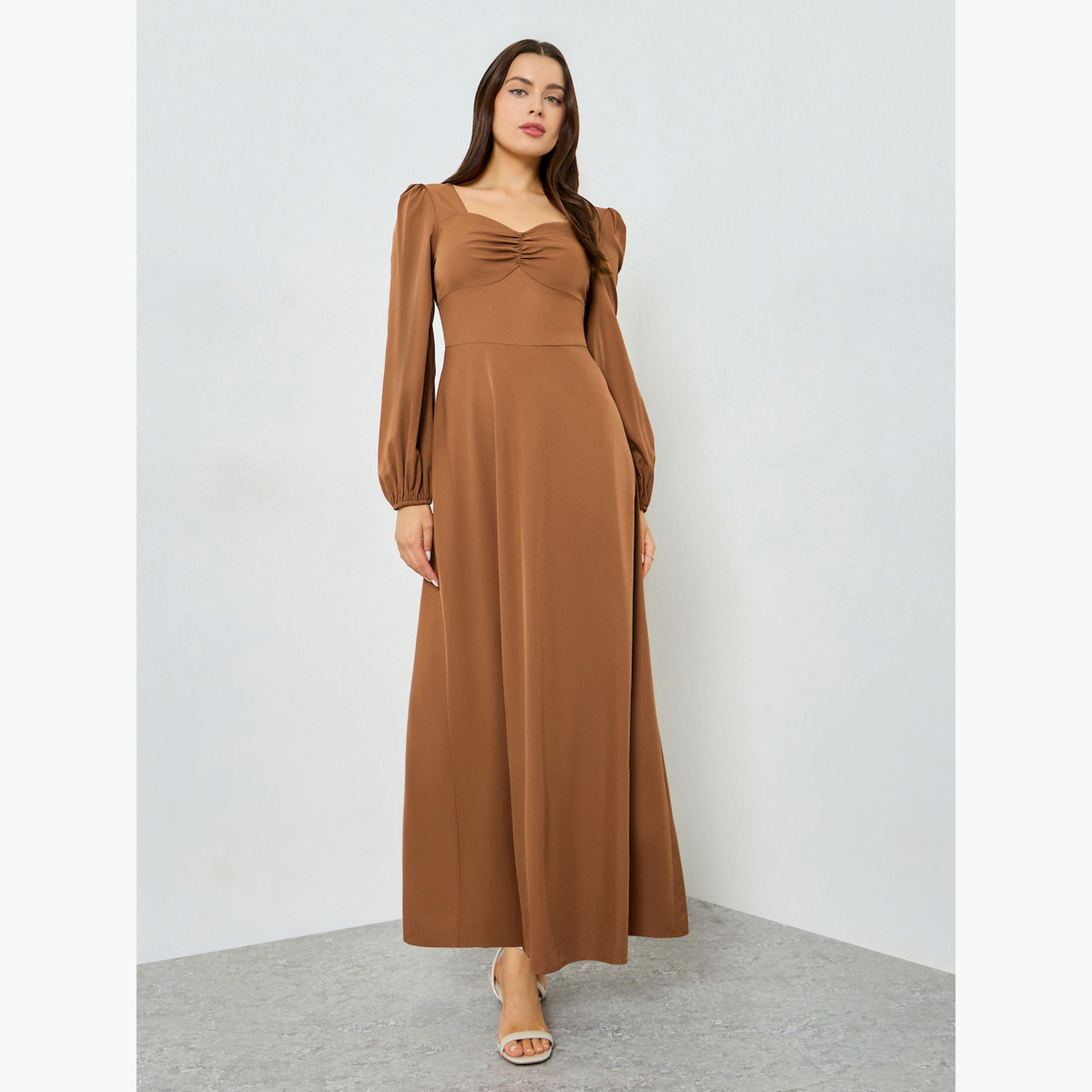 Take Two X Styli Rust Ruched Neck Balloon Sleeve Maxi Dress-women-clothing-dresses-image-1