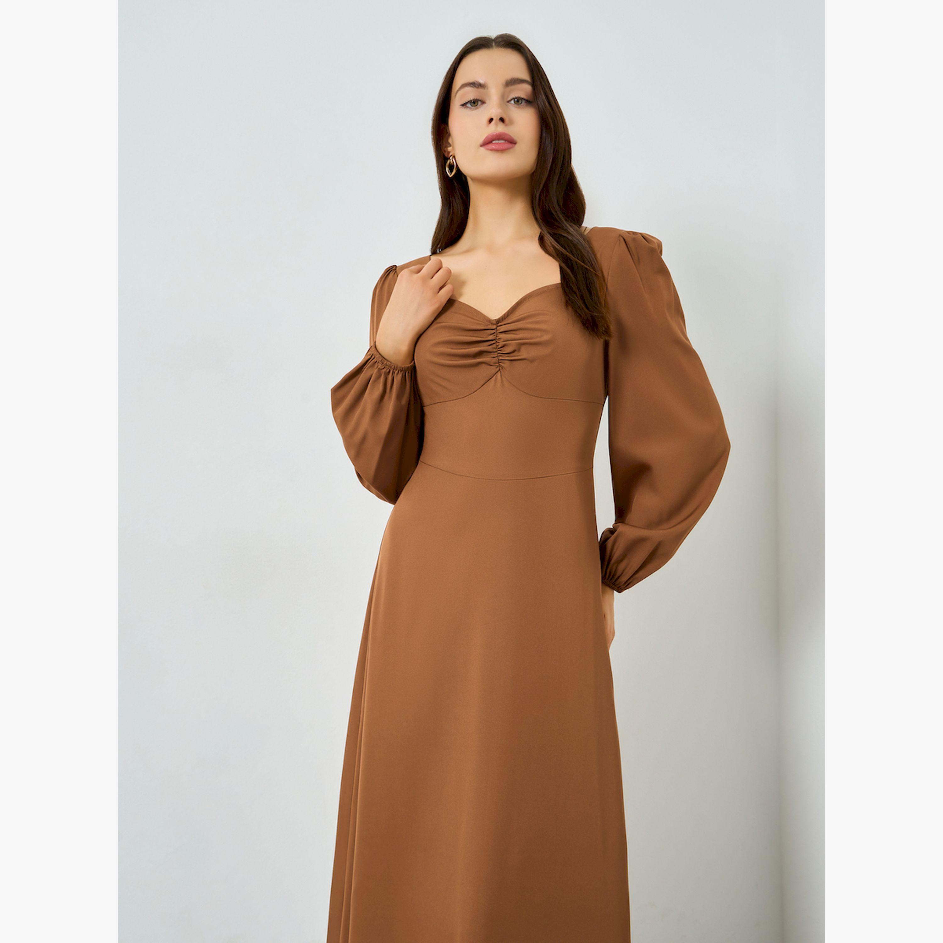Take Two X Styli Rust Ruched Neck Balloon Sleeve Maxi Dress-women-clothing-dresses-image-2