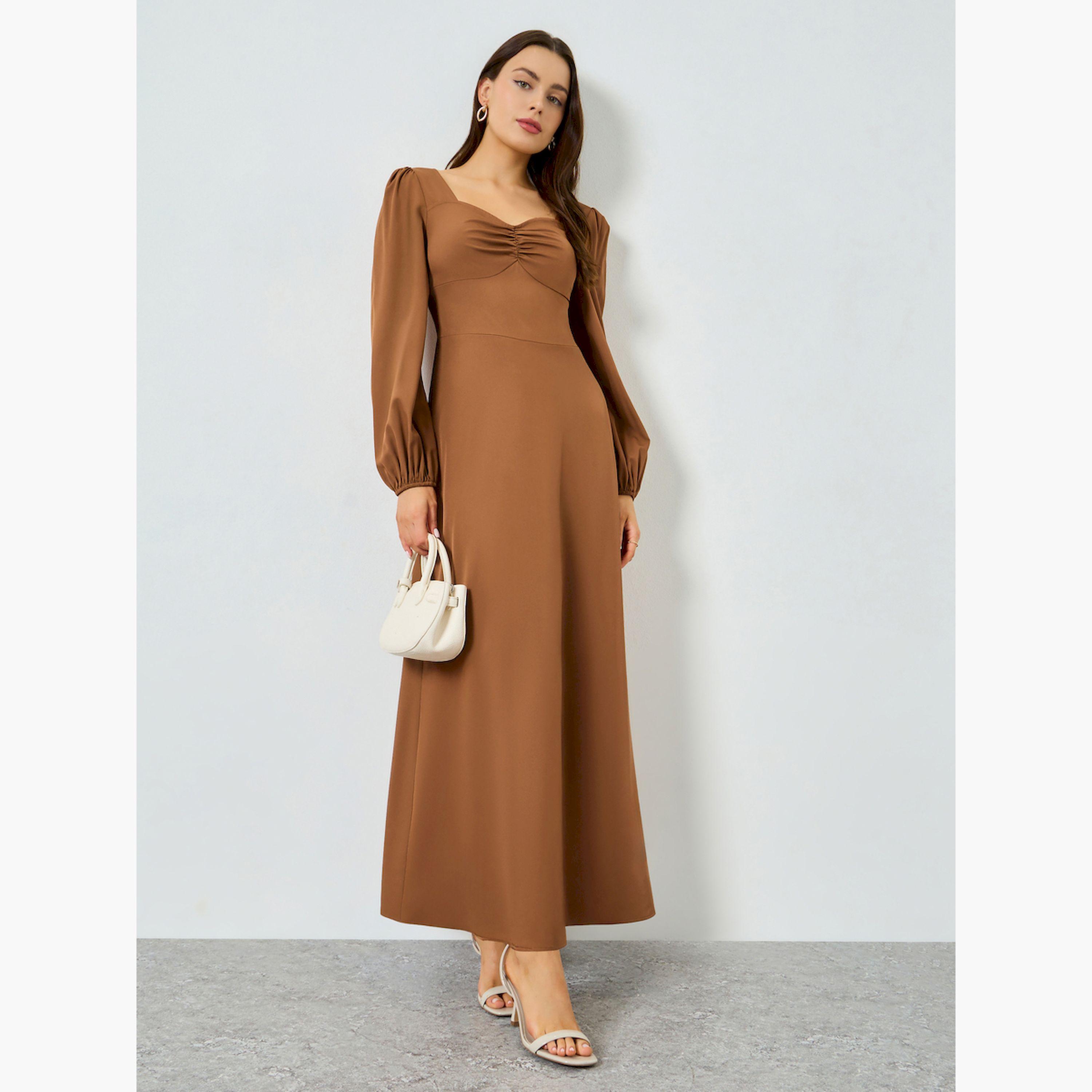 Take Two X Styli Rust Ruched Neck Balloon Sleeve Maxi Dress-women-clothing-dresses-image-3