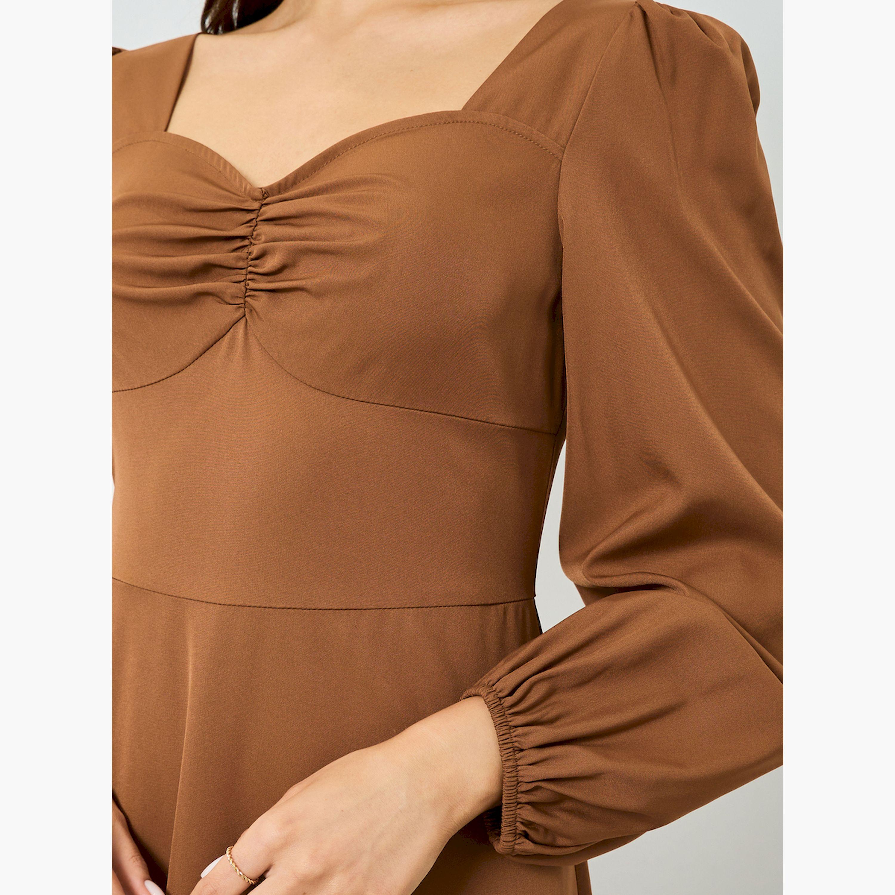 Take Two X Styli Rust Ruched Neck Balloon Sleeve Maxi Dress-women-clothing-dresses-image-4