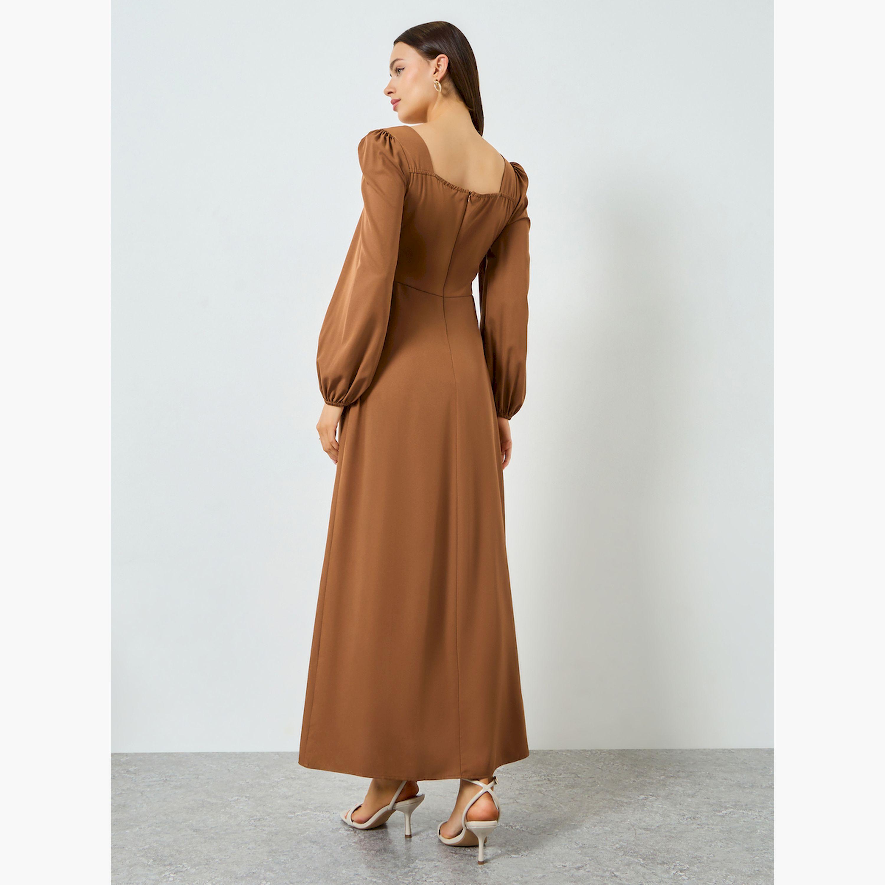 Take Two X Styli Rust Ruched Neck Balloon Sleeve Maxi Dress-women-clothing-dresses-image-5