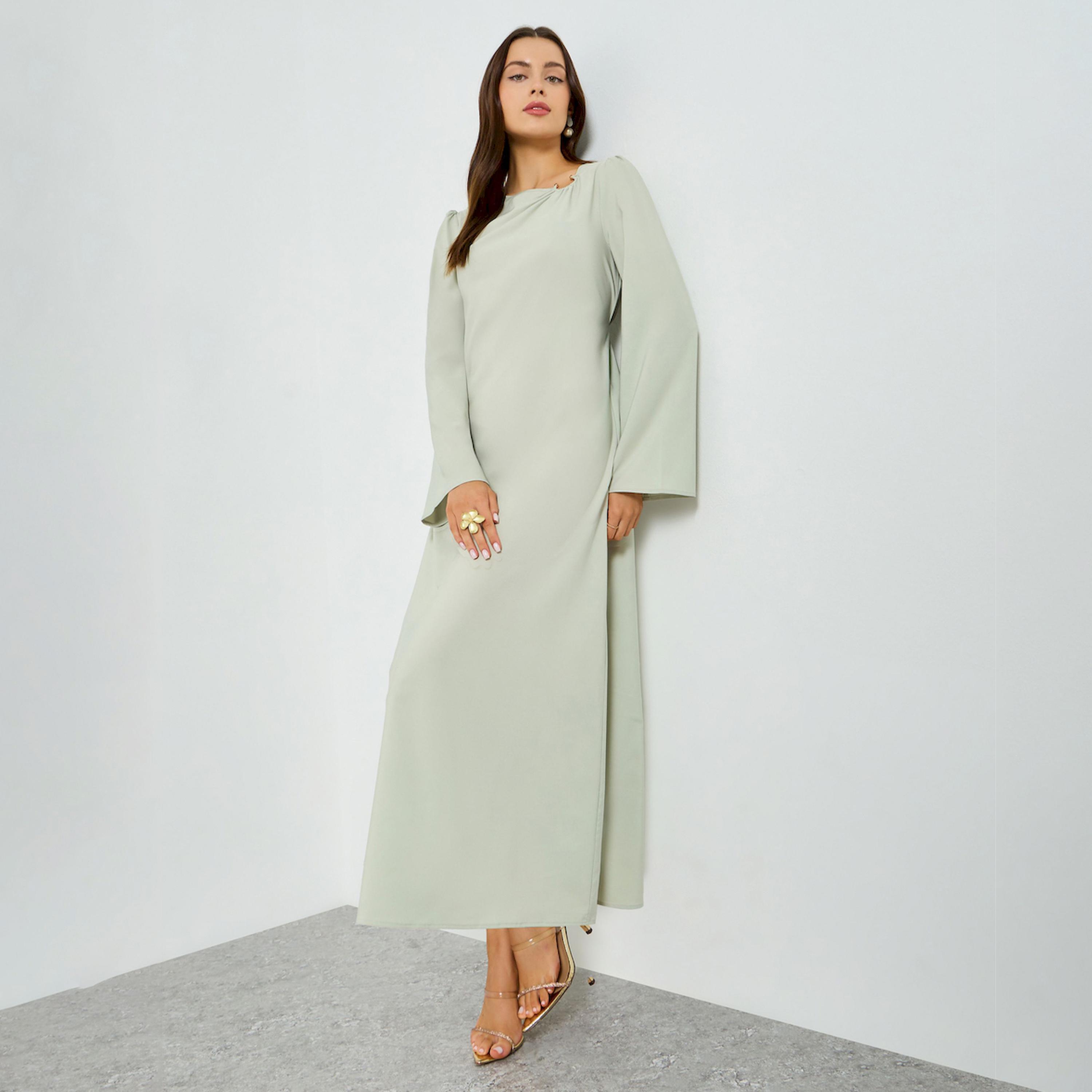 فستان طويل بياقة غير متماثلة وأكمام طويلة-women-clothing-dresses-image-1