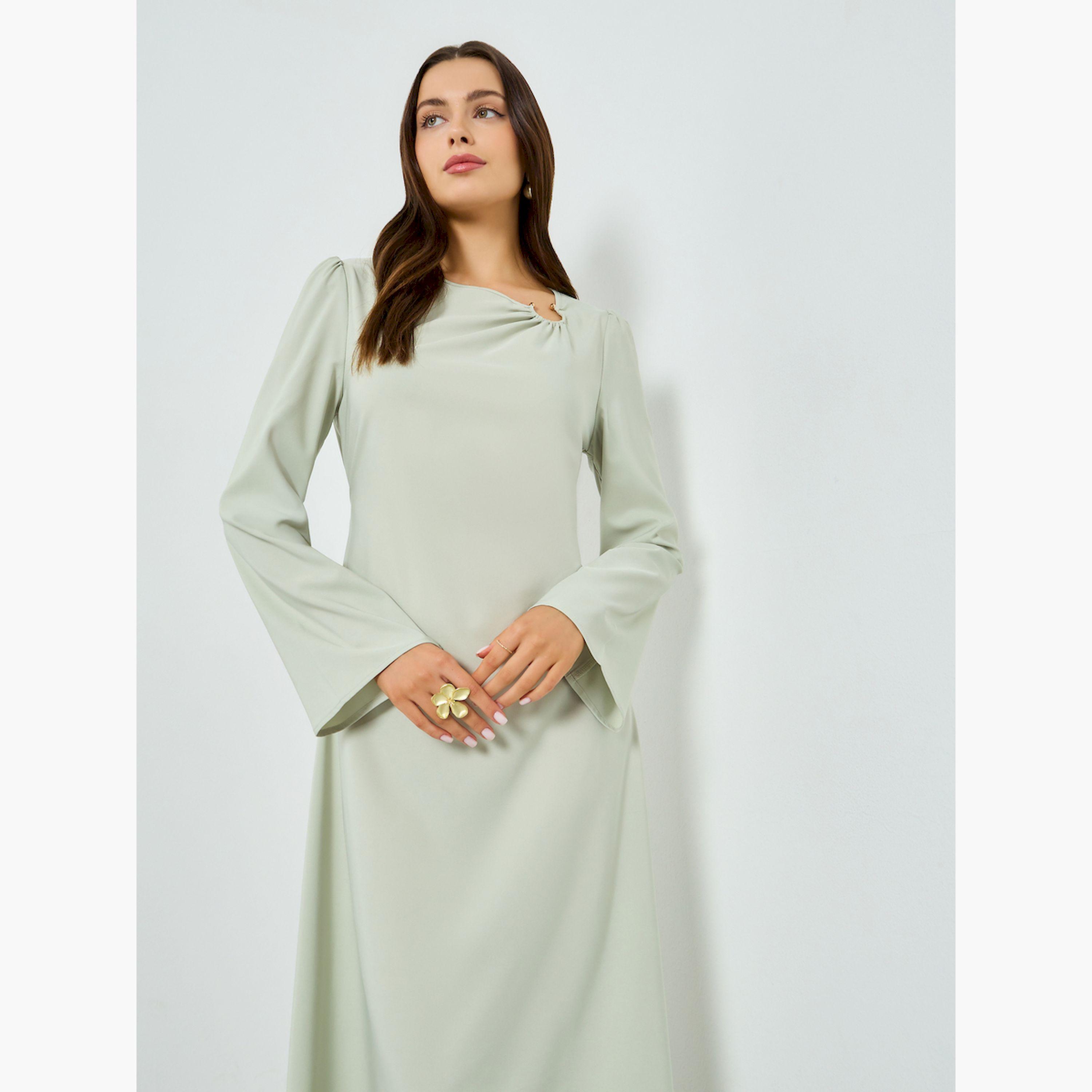 فستان طويل بياقة غير متماثلة وأكمام طويلة-women-clothing-dresses-image-2
