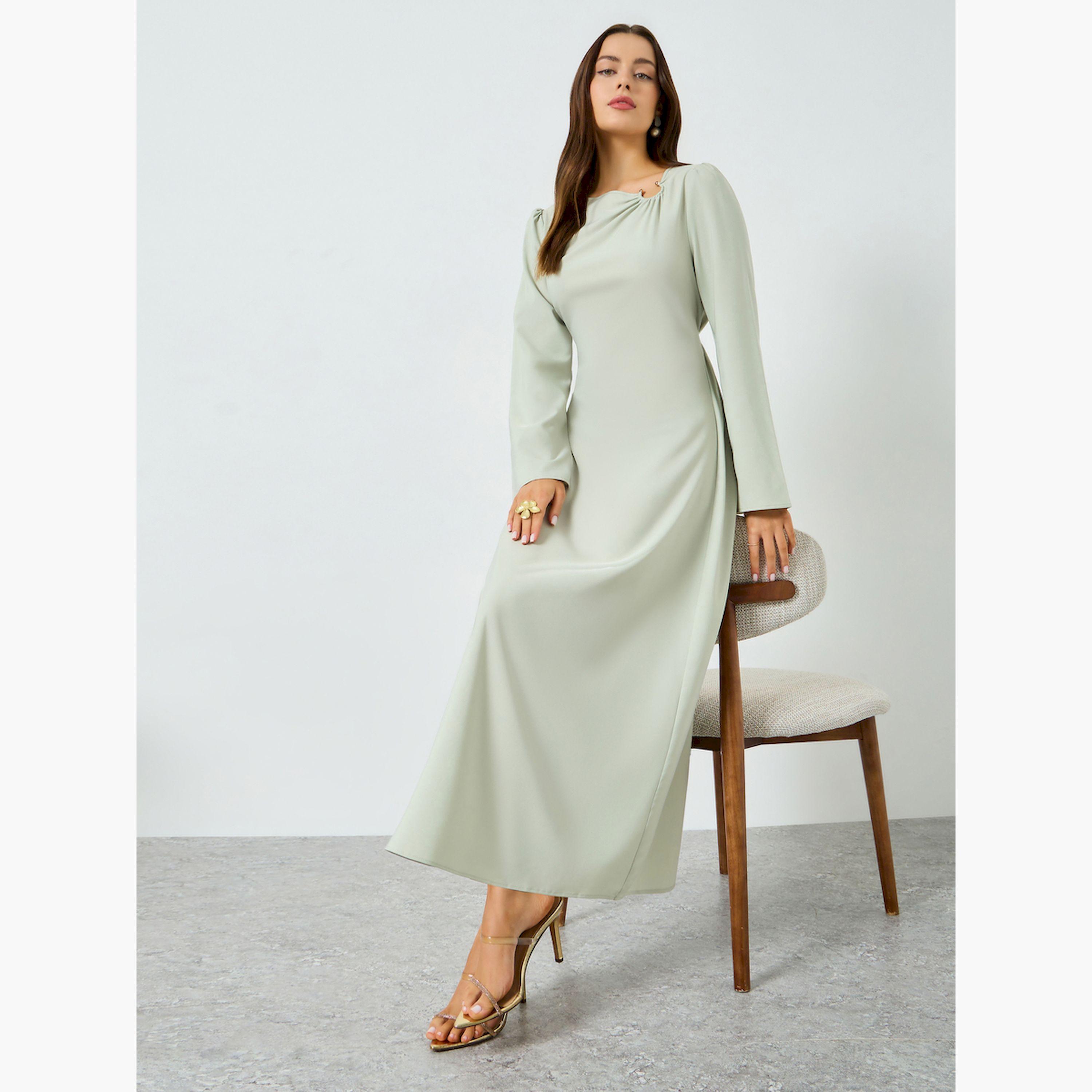 فستان طويل بياقة غير متماثلة وأكمام طويلة-women-clothing-dresses-image-3