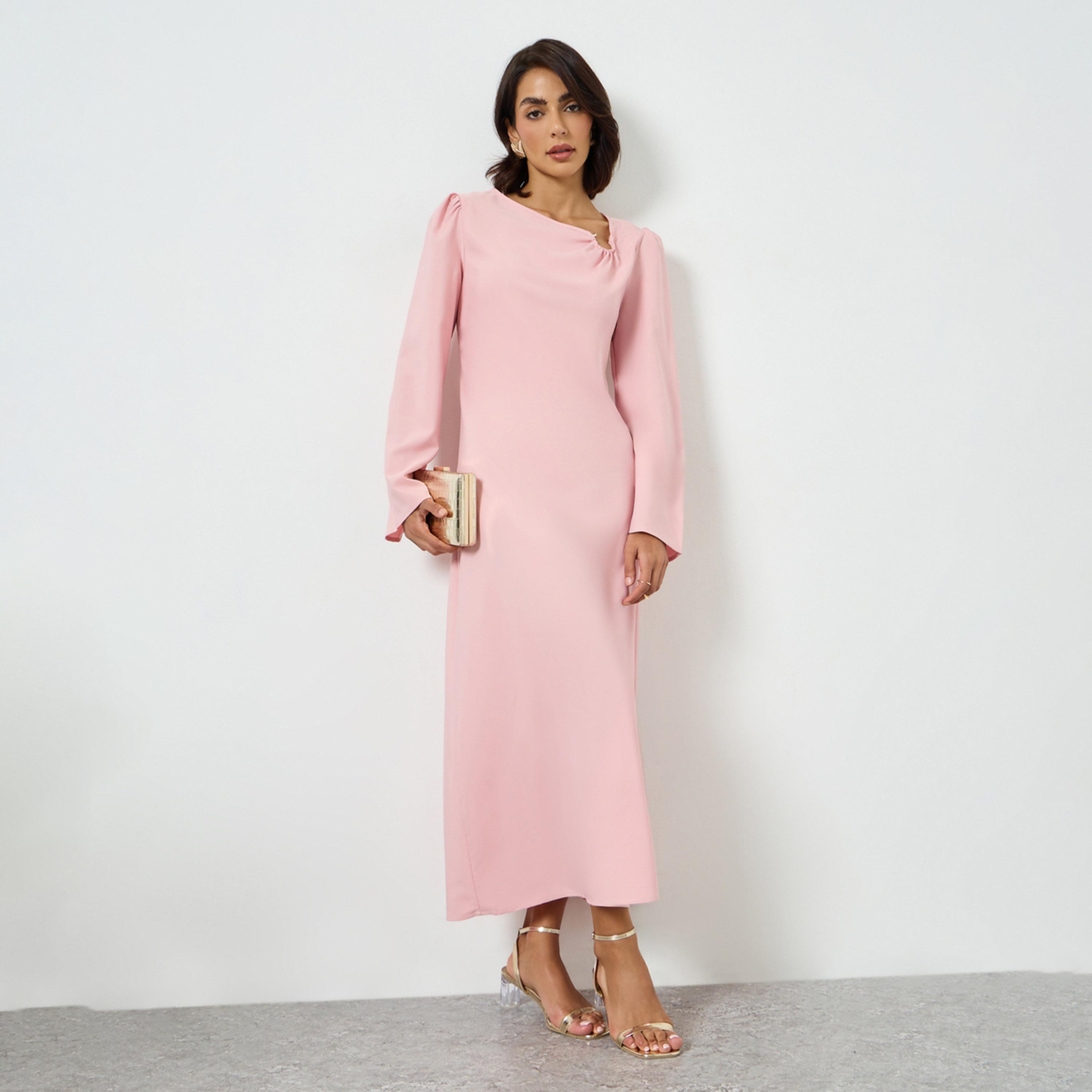 تيك تو - فستان ماكسي وردي بياقة غير متماثلة-women-clothing-dresses-image-1