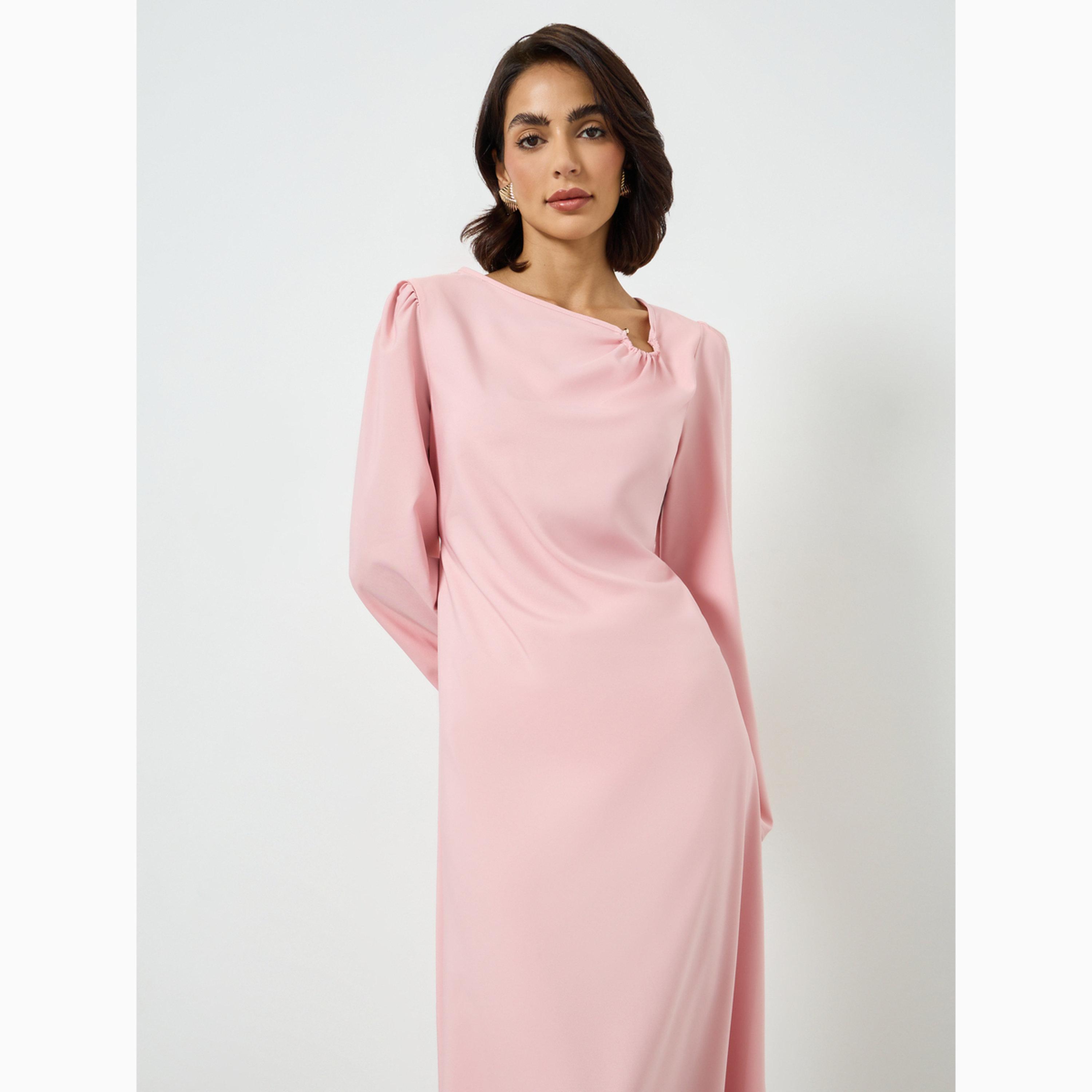 تيك تو - فستان ماكسي وردي بياقة غير متماثلة-women-clothing-dresses-image-4