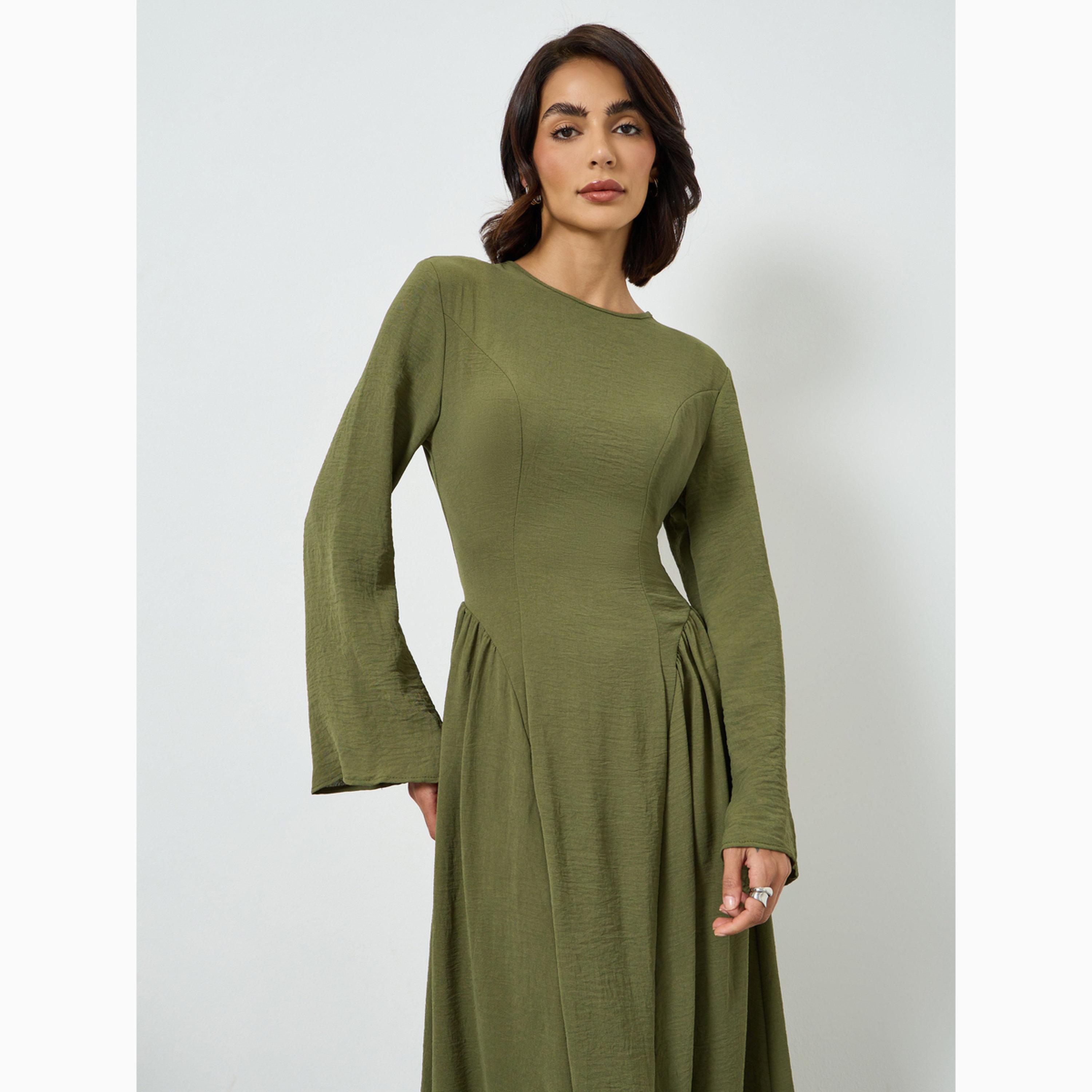 Take Two Green Pleated A-Line Maxi Dress-women-clothing-dresses-image-2