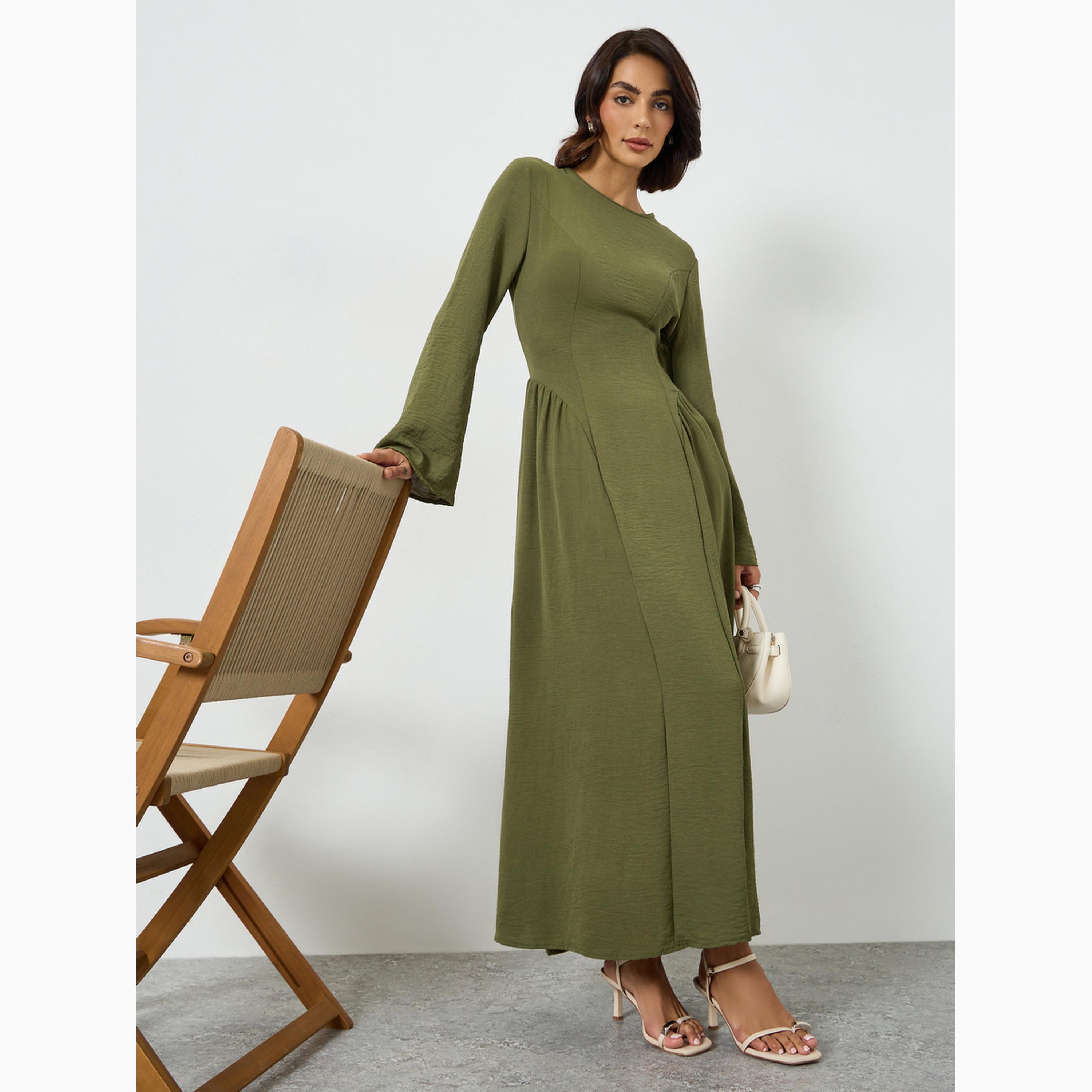 تيك تو - فستان ماكسي أخضر مطوي بقصة حرف A-women-clothing-dresses-image-3