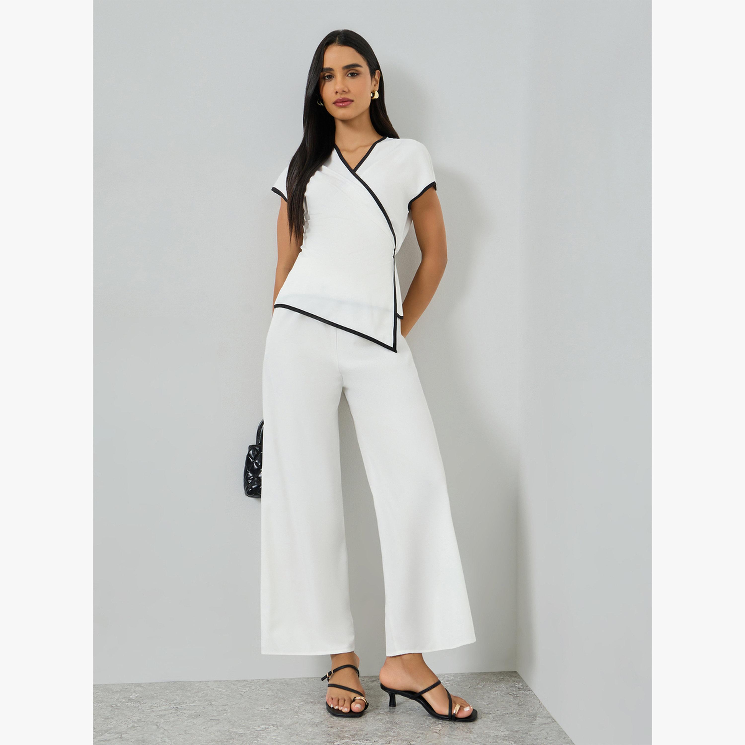 Take Two White Contrast Trim V-Neck Top with Pants Co-Ords-women-clothing-coordsets-image-1