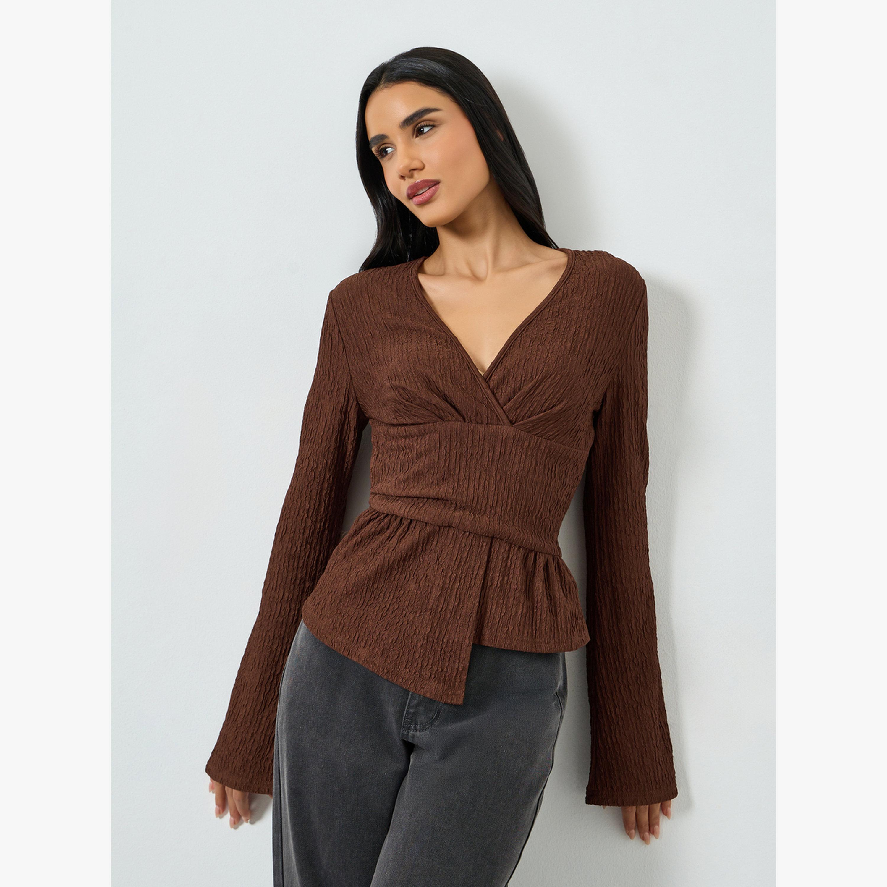 Take Two Brown Textured V-Neck Long Sleeve Top-women-clothing-shirtsandblouses-blouses-image-1