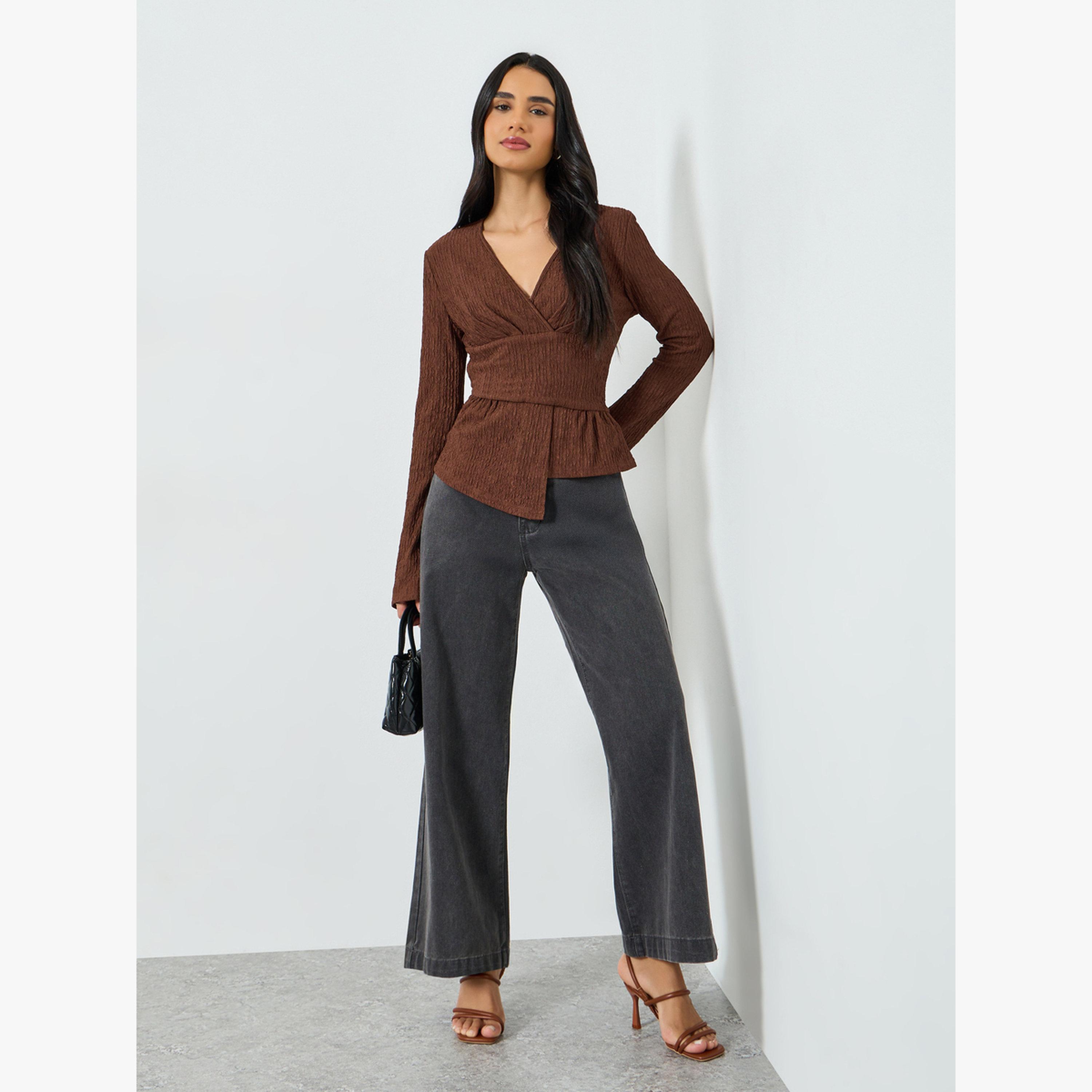 Take Two Brown Textured V-Neck Long Sleeve Top-women-clothing-shirtsandblouses-blouses-image-2