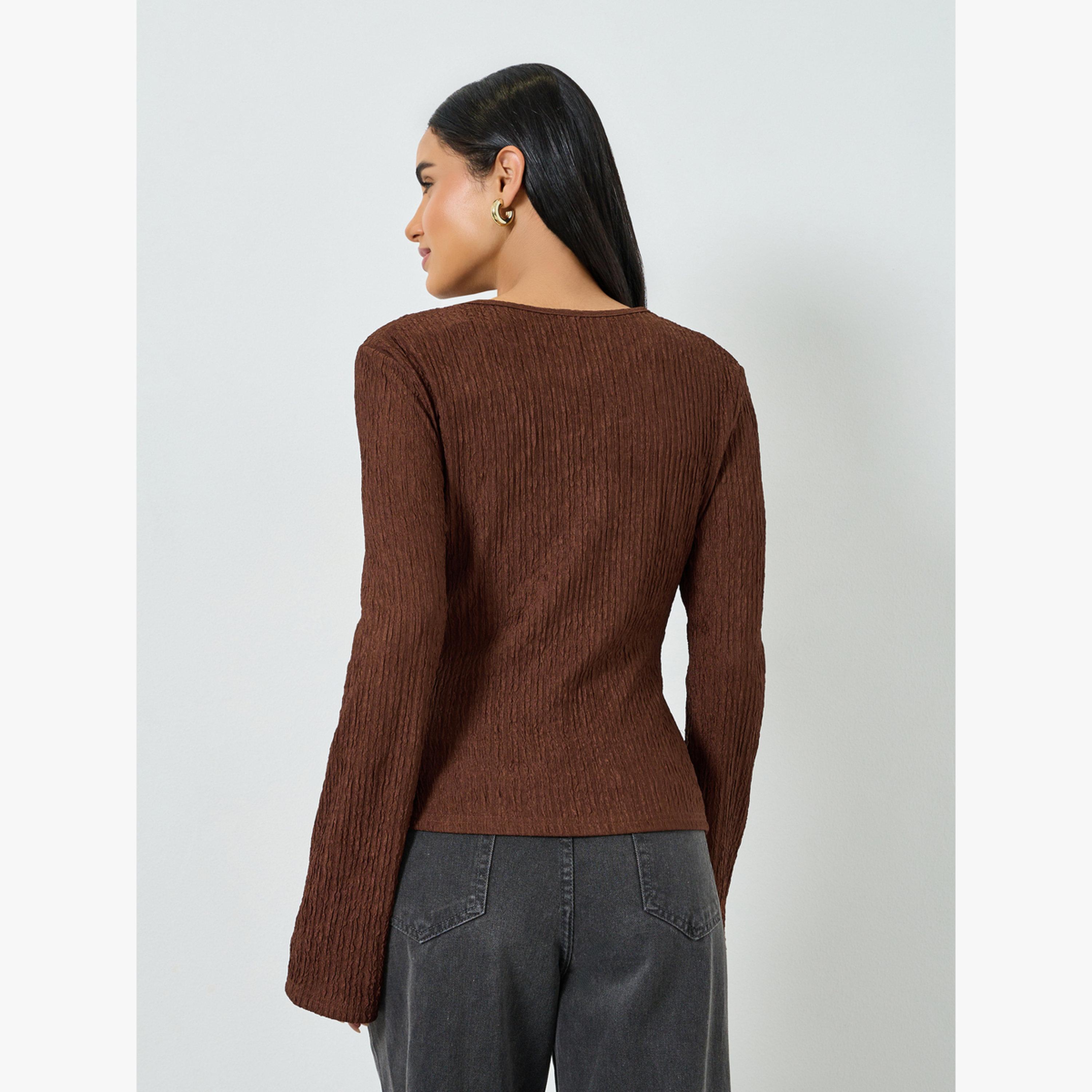 Take Two Brown Textured V-Neck Long Sleeve Top-women-clothing-shirtsandblouses-blouses-image-3