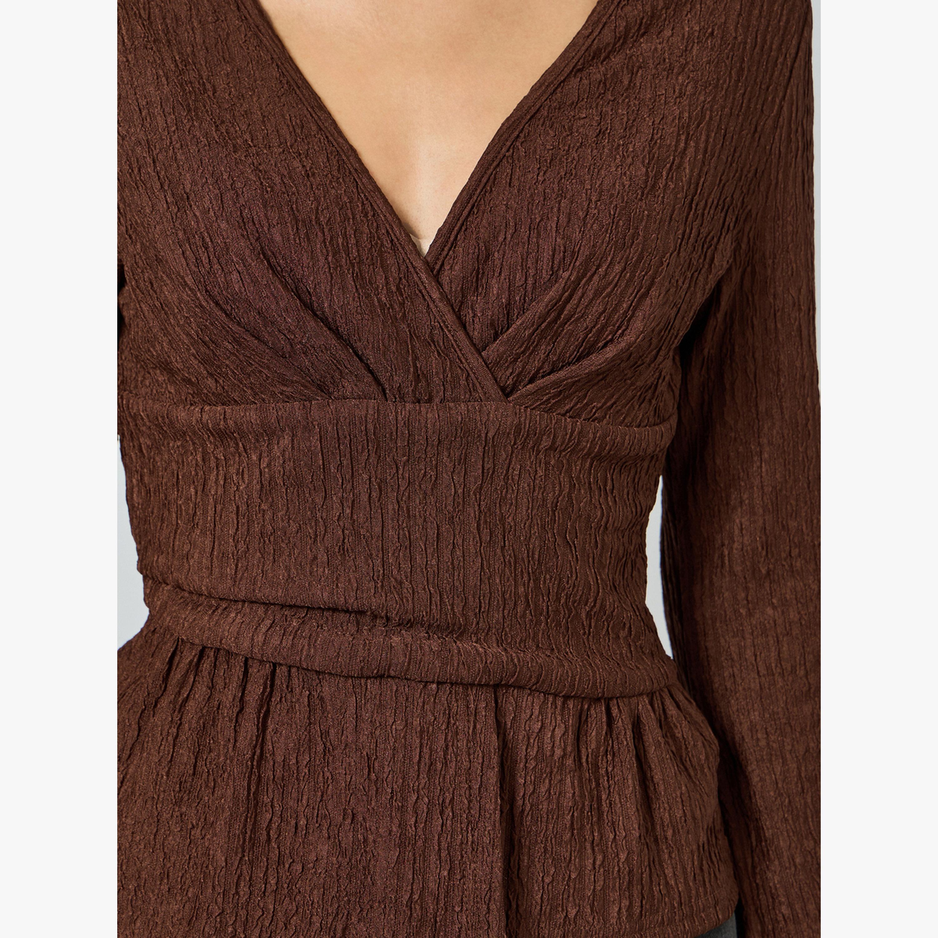 Take Two Brown Textured V-Neck Long Sleeve Top-women-clothing-shirtsandblouses-blouses-image-4