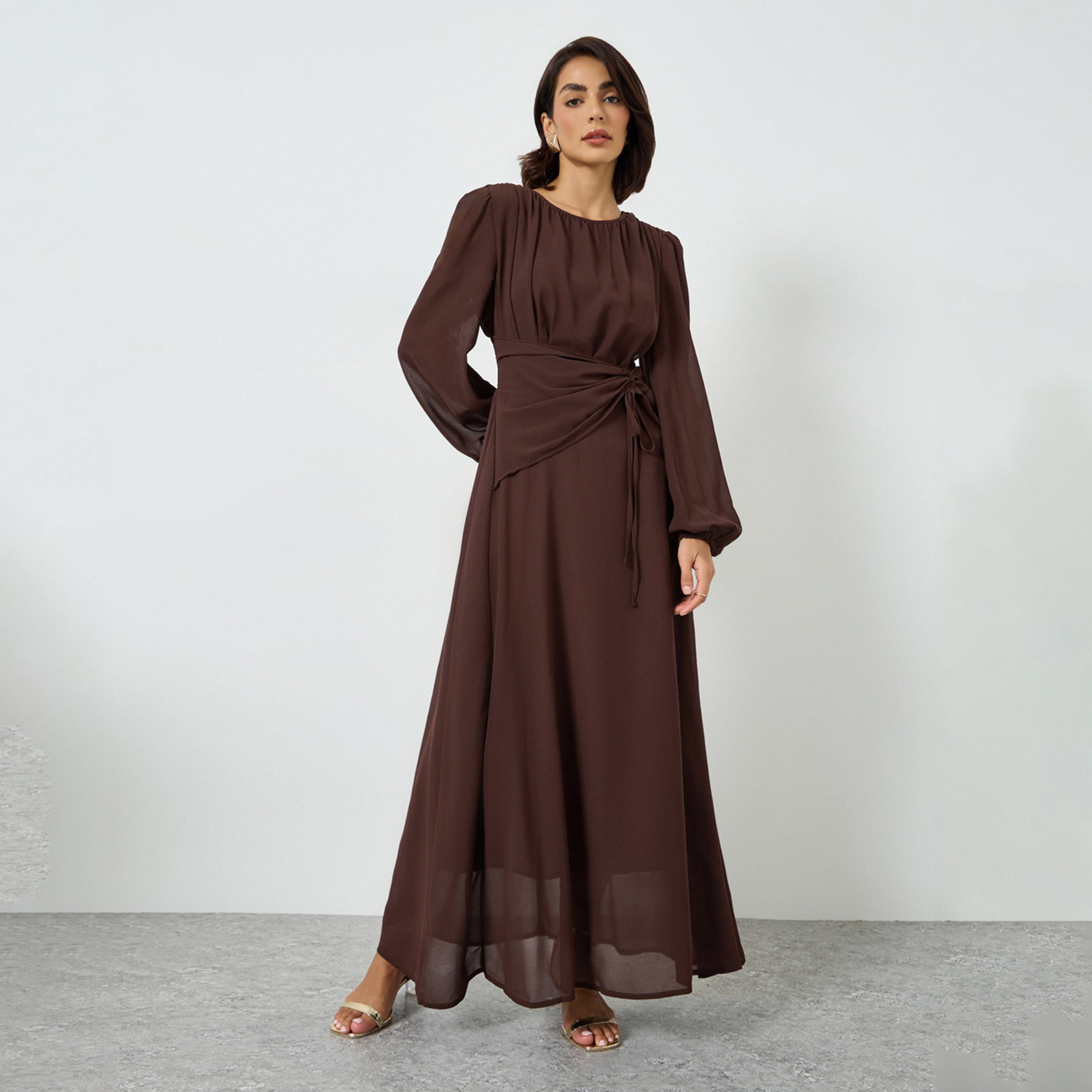 Take Two Coffee Brown Balloon Sleeve Waist Tie Maxi Dress-women-clothing-dresses-image-1