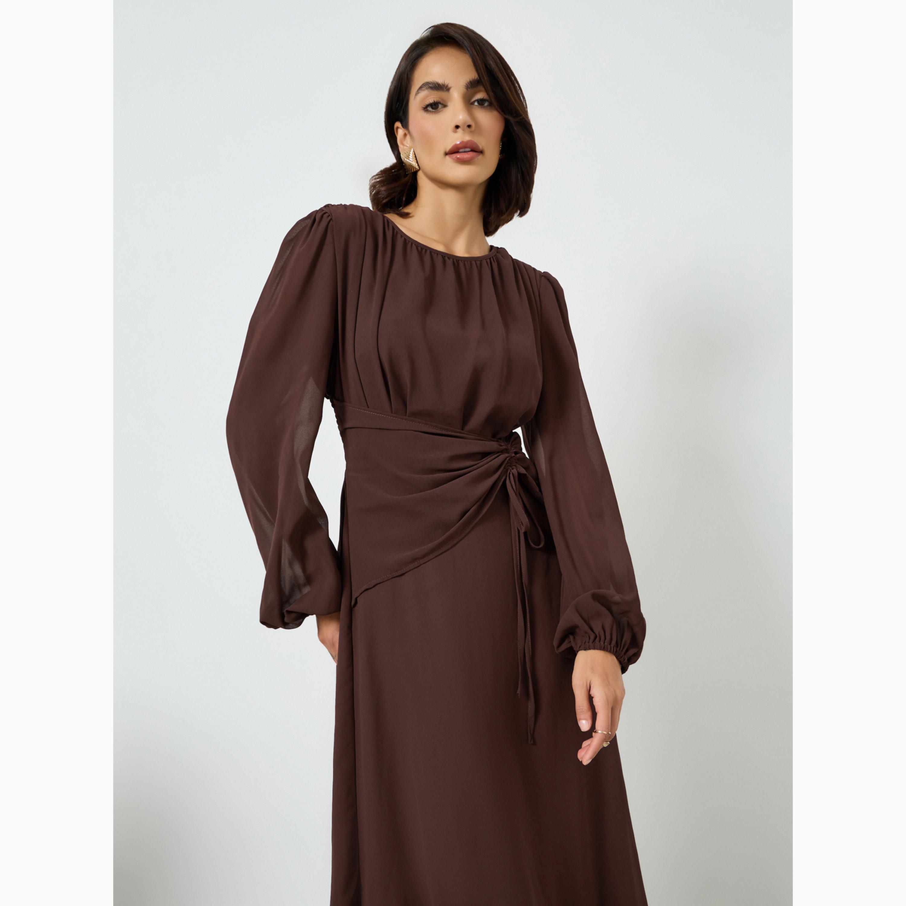 تيك تو - فستان ماكسي بني اللون بأكمام بالون وربطة خصر-women-clothing-dresses-image-2