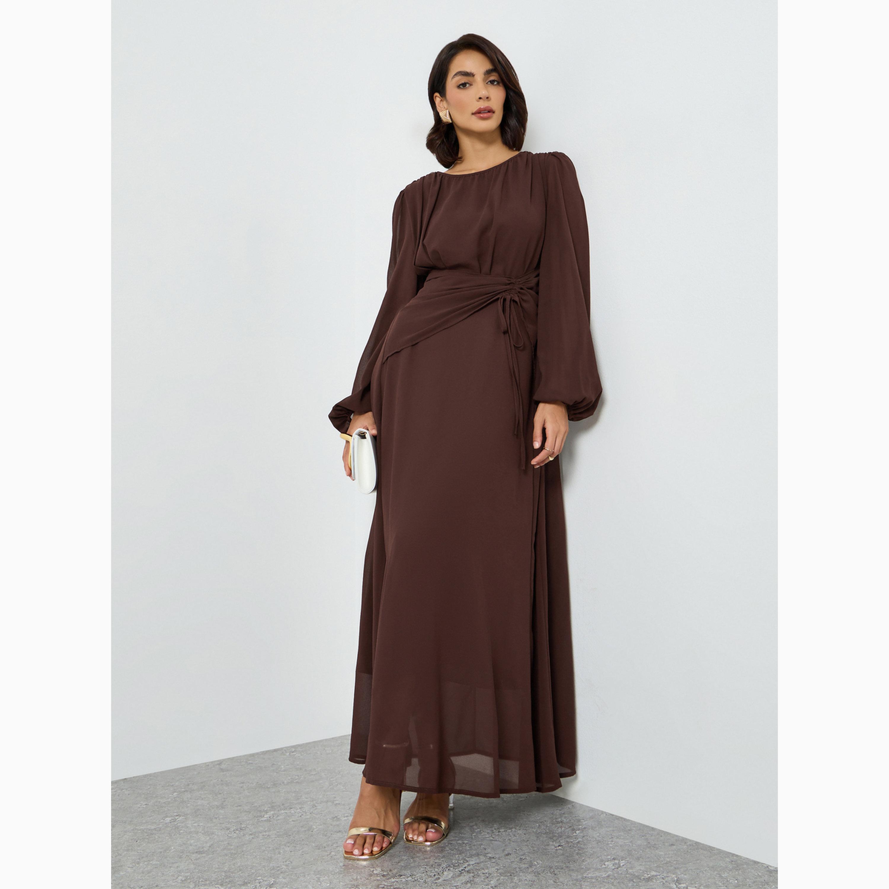 Take Two Coffee Brown Balloon Sleeve Waist Tie Maxi Dress-women-clothing-dresses-image-3
