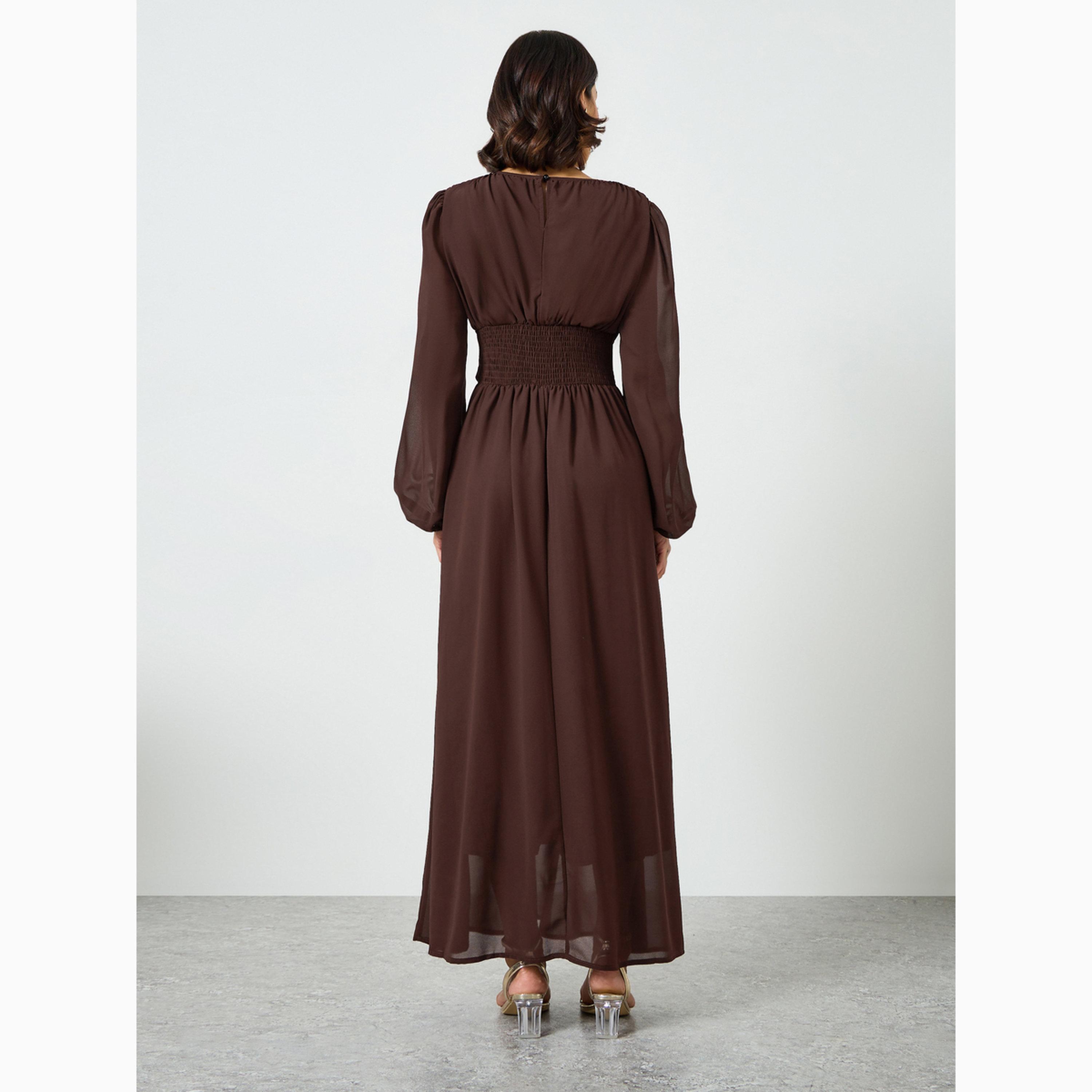 Take Two Coffee Brown Balloon Sleeve Waist Tie Maxi Dress-women-clothing-dresses-image-5