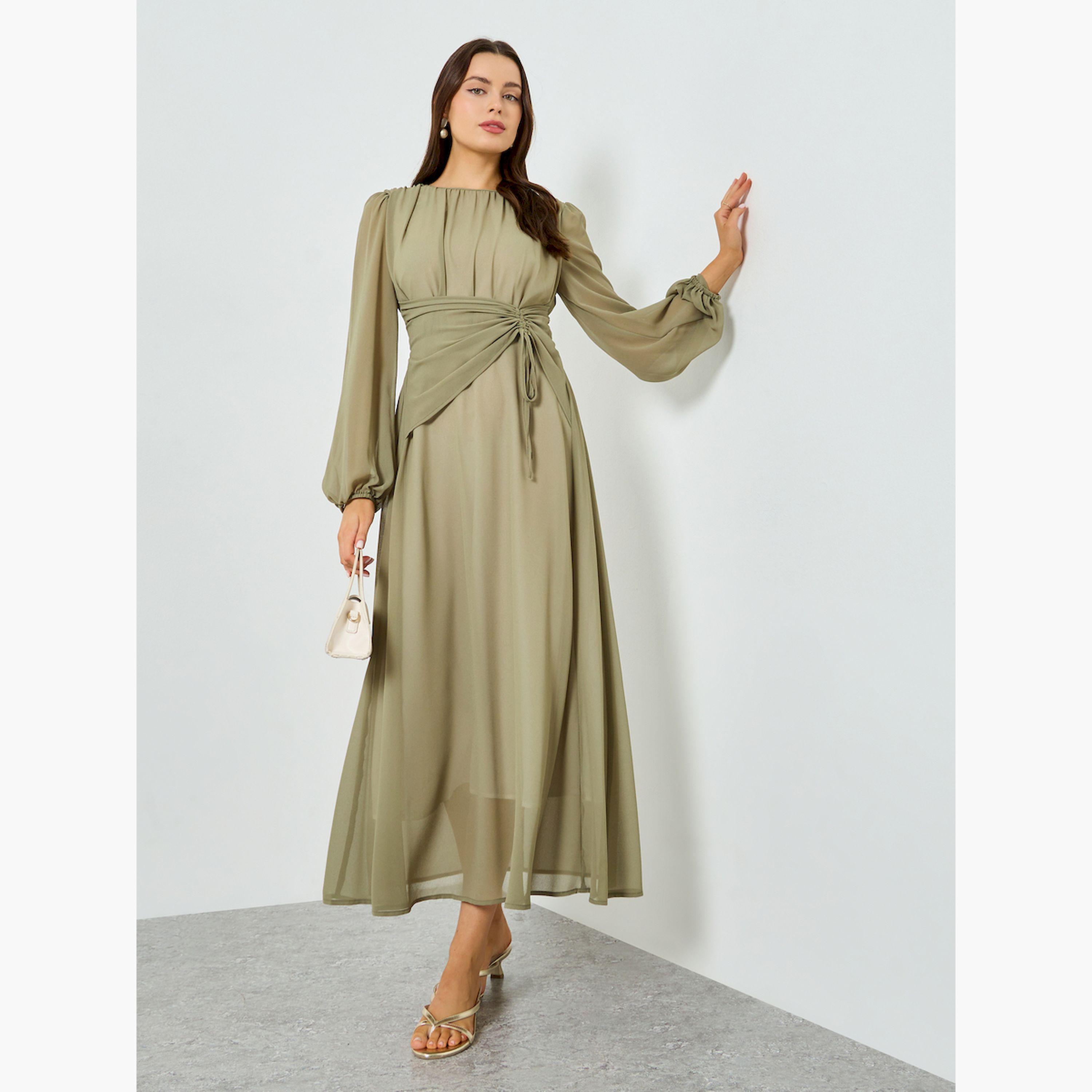 فستان طويل بخصر مزموم وأكمام بالون-women-clothing-dresses-image-1
