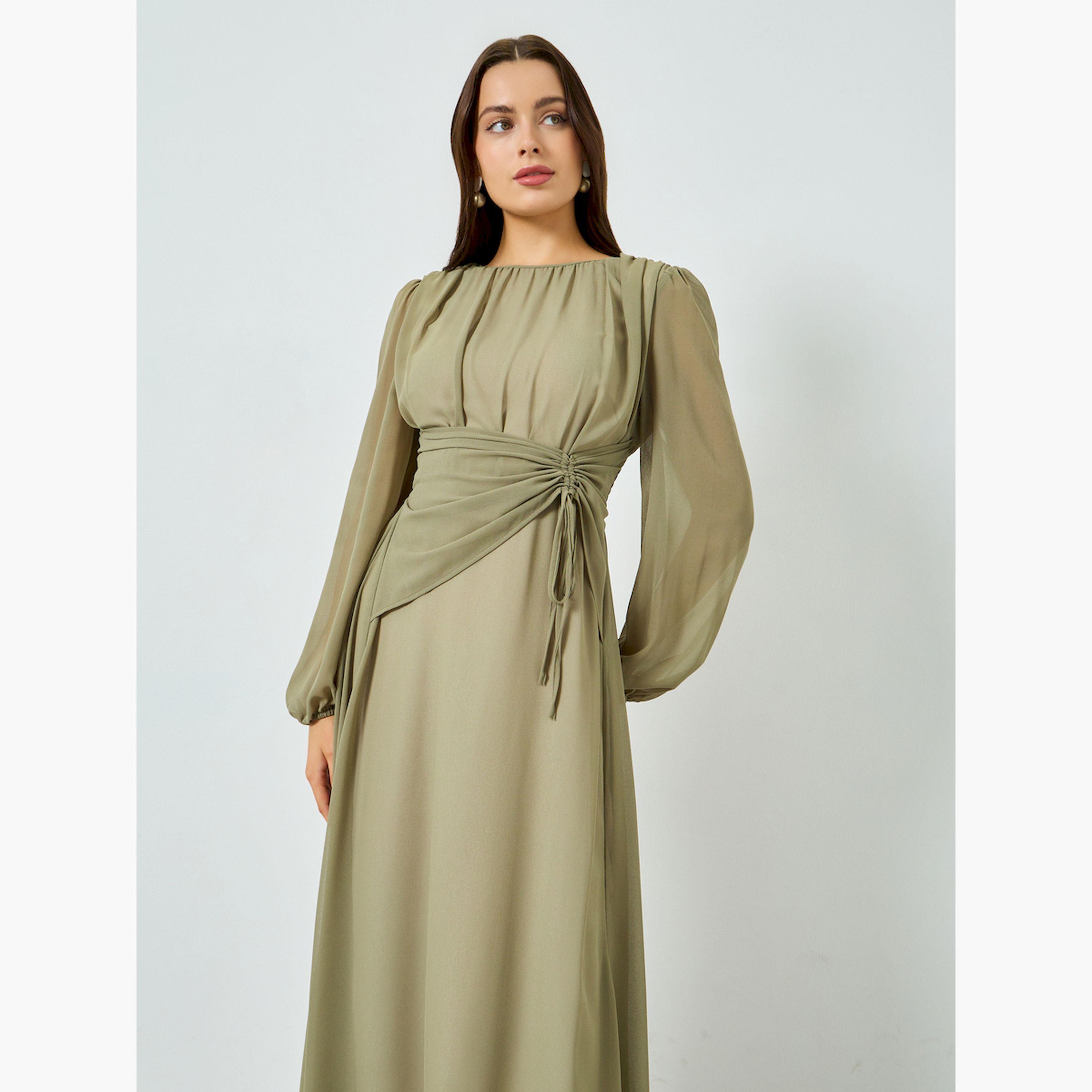 فستان طويل بخصر مزموم وأكمام بالون-women-clothing-dresses-image-2