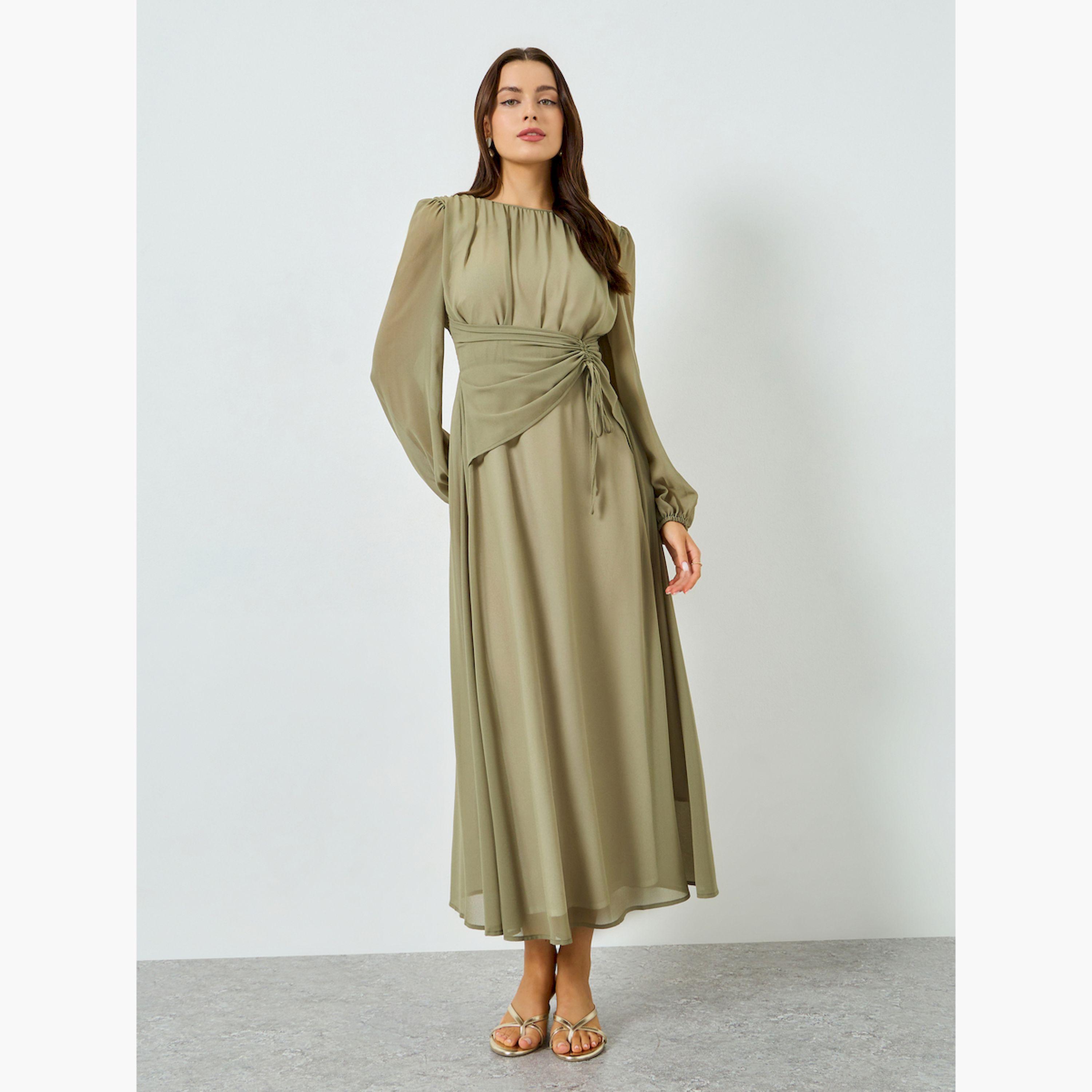 فستان طويل بخصر مزموم وأكمام بالون-women-clothing-dresses-image-3