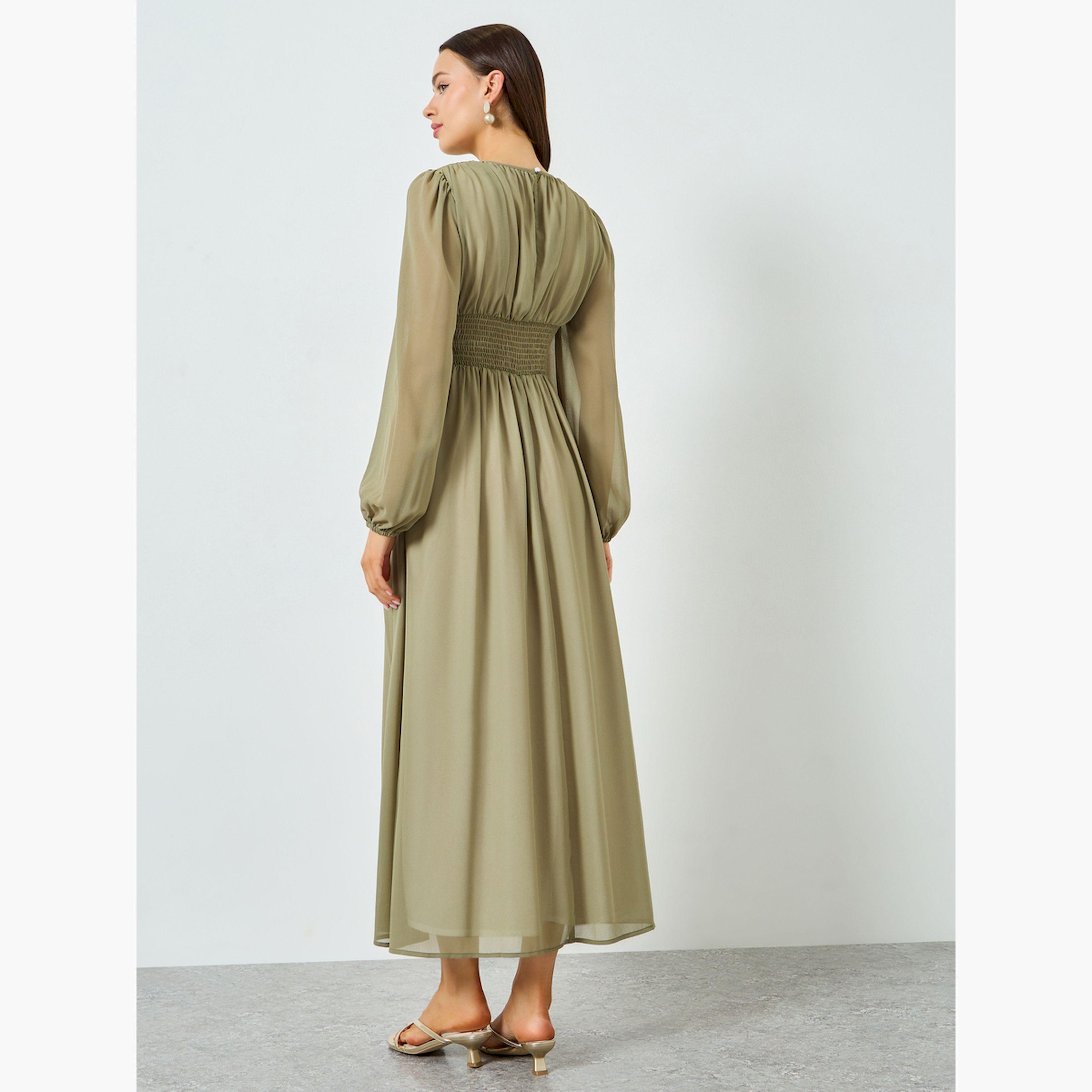 فستان طويل بخصر مزموم وأكمام بالون-women-clothing-dresses-image-5