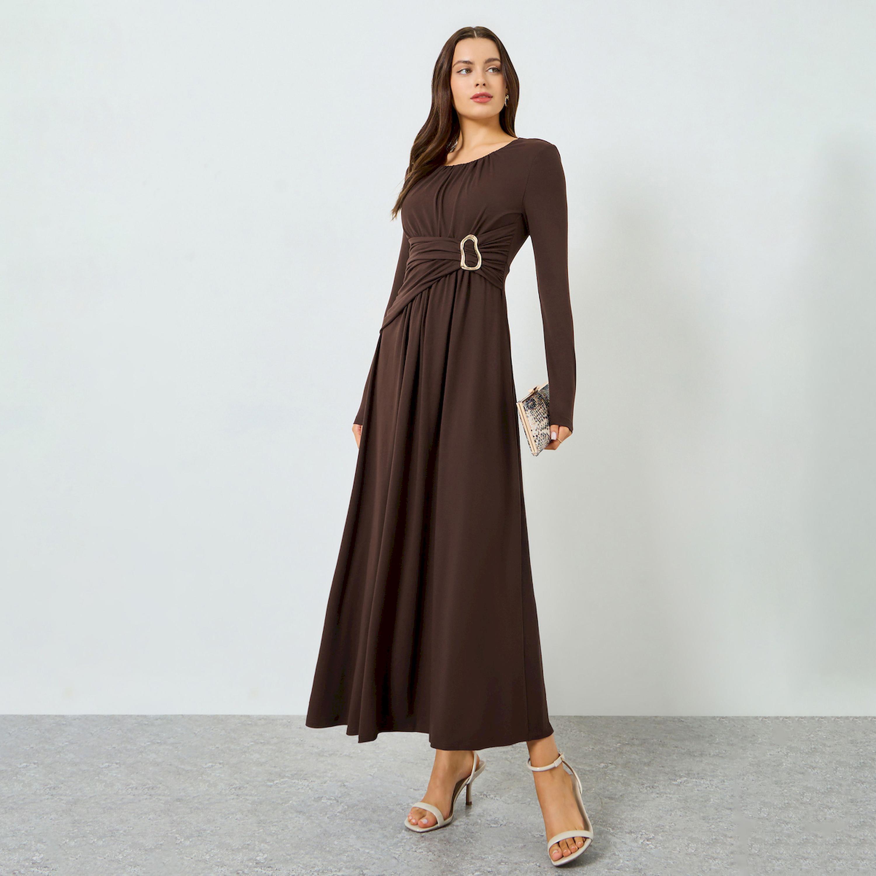 Take Two X Styli Brown Ruched Detail Long Sleeve Maxi Dress-women-clothing-dresses-image-1