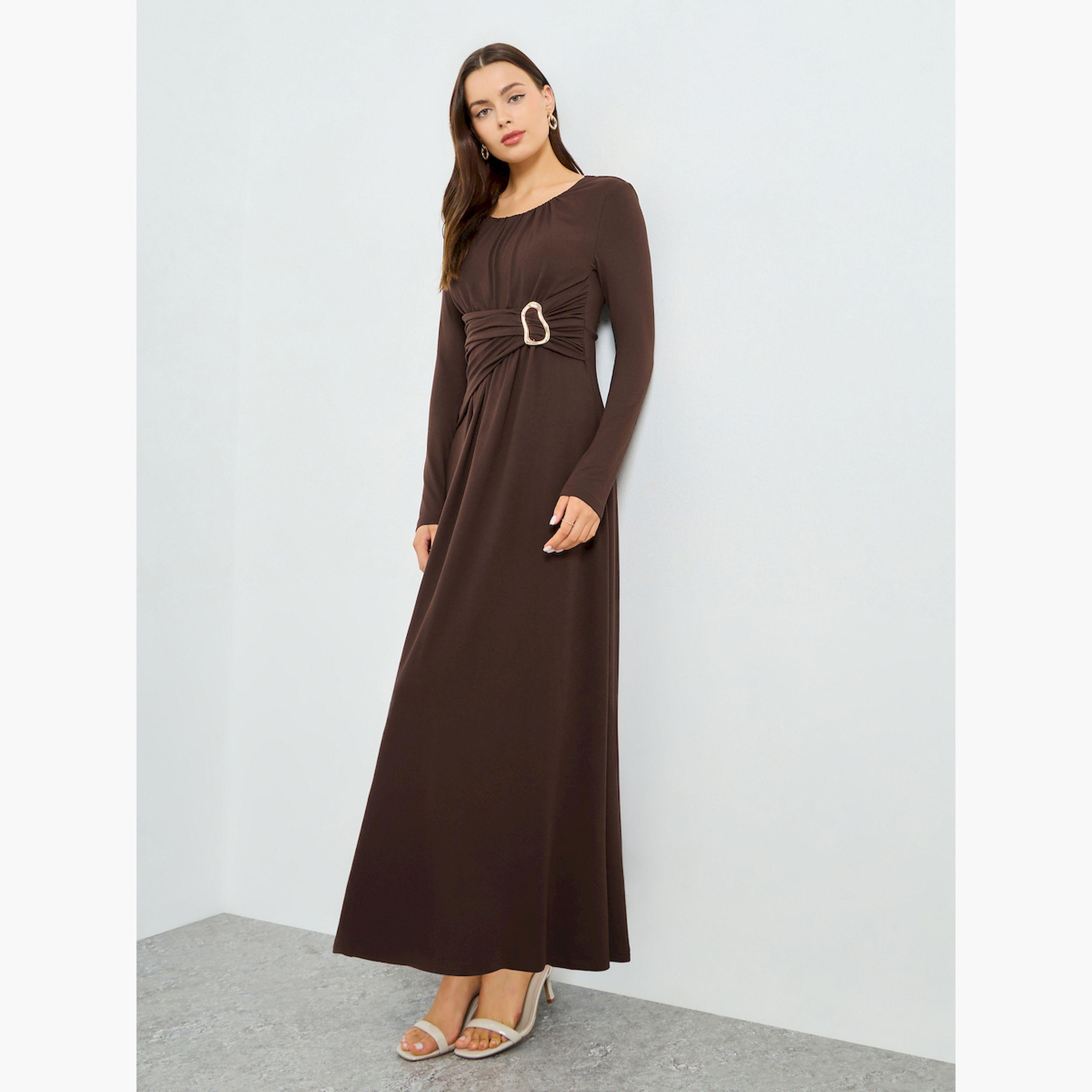 Take Two X Styli Brown Ruched Detail Long Sleeve Maxi Dress-women-clothing-dresses-image-3
