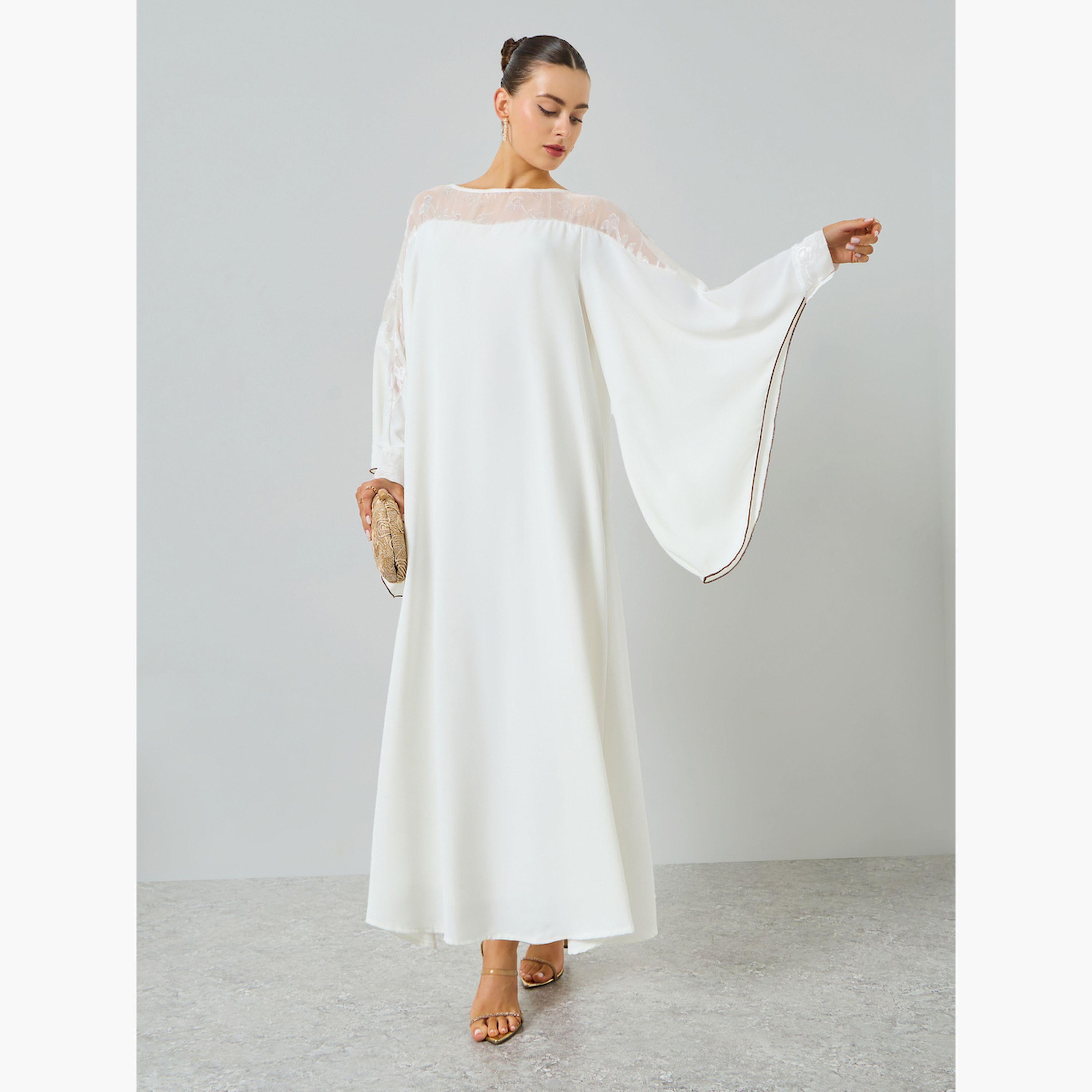 Take Two White Contrast Bell Sleeve A-Line Kaftan-women-arabicclothing-kaftan-image-1