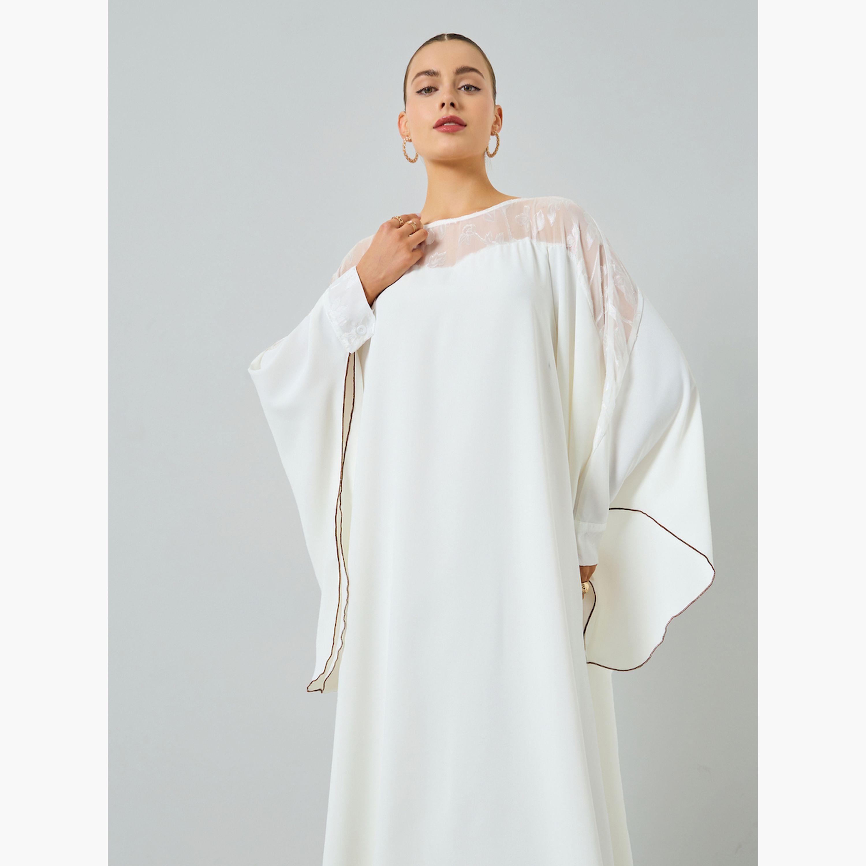Take Two White Contrast Bell Sleeve A-Line Kaftan-women-arabicclothing-kaftan-image-2
