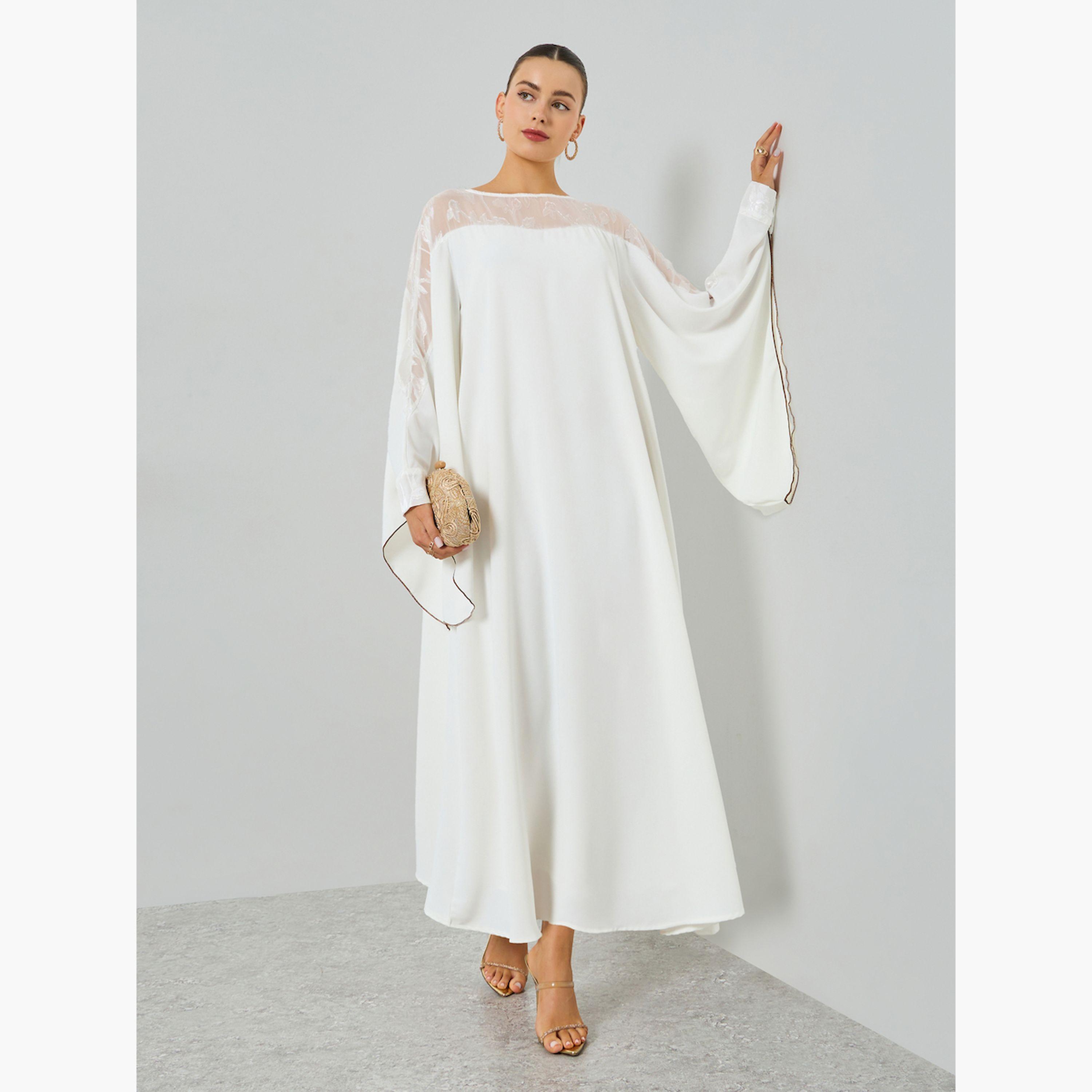Take Two White Contrast Bell Sleeve A-Line Kaftan-women-arabicclothing-kaftan-image-3