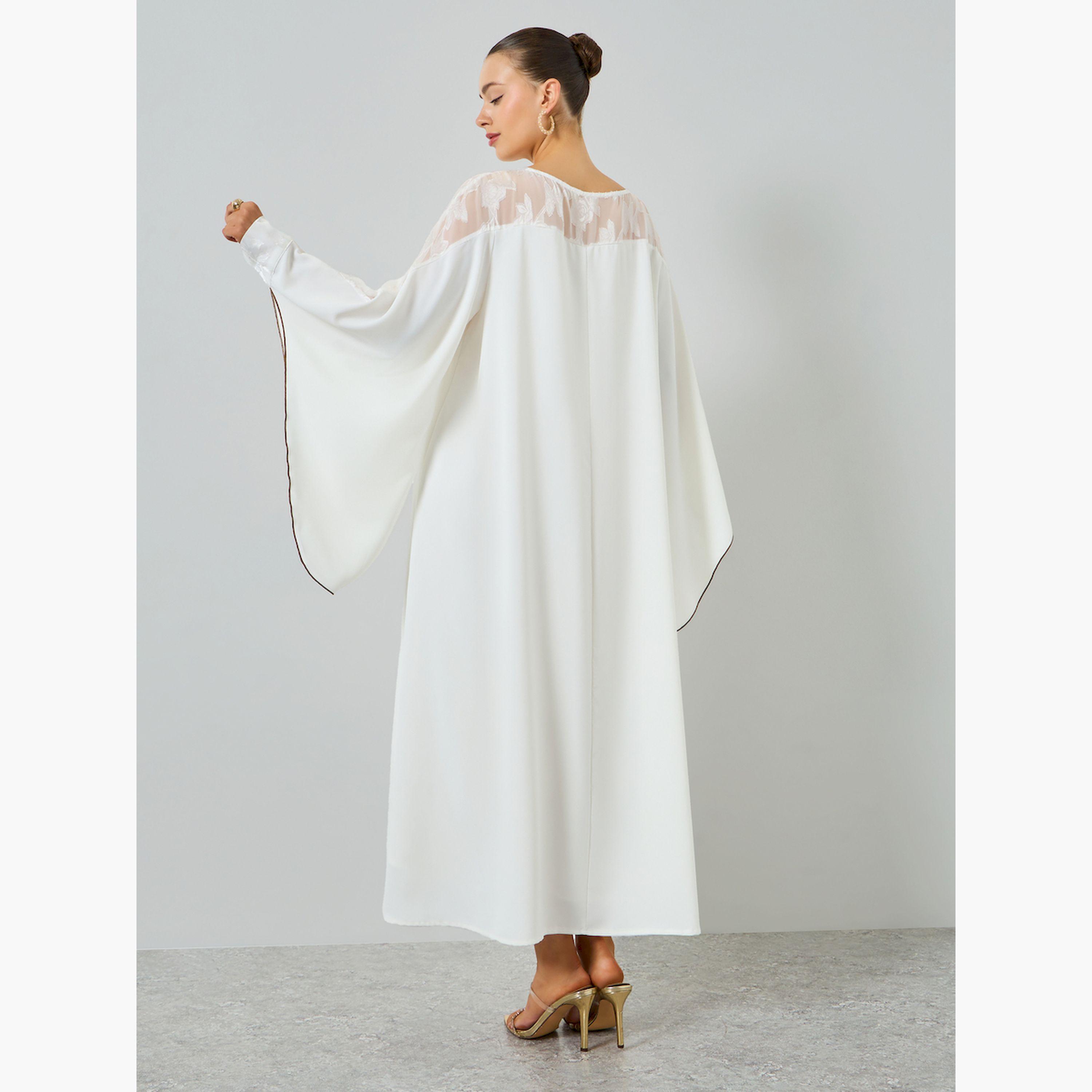 Take Two White Contrast Bell Sleeve A-Line Kaftan-women-arabicclothing-kaftan-image-4