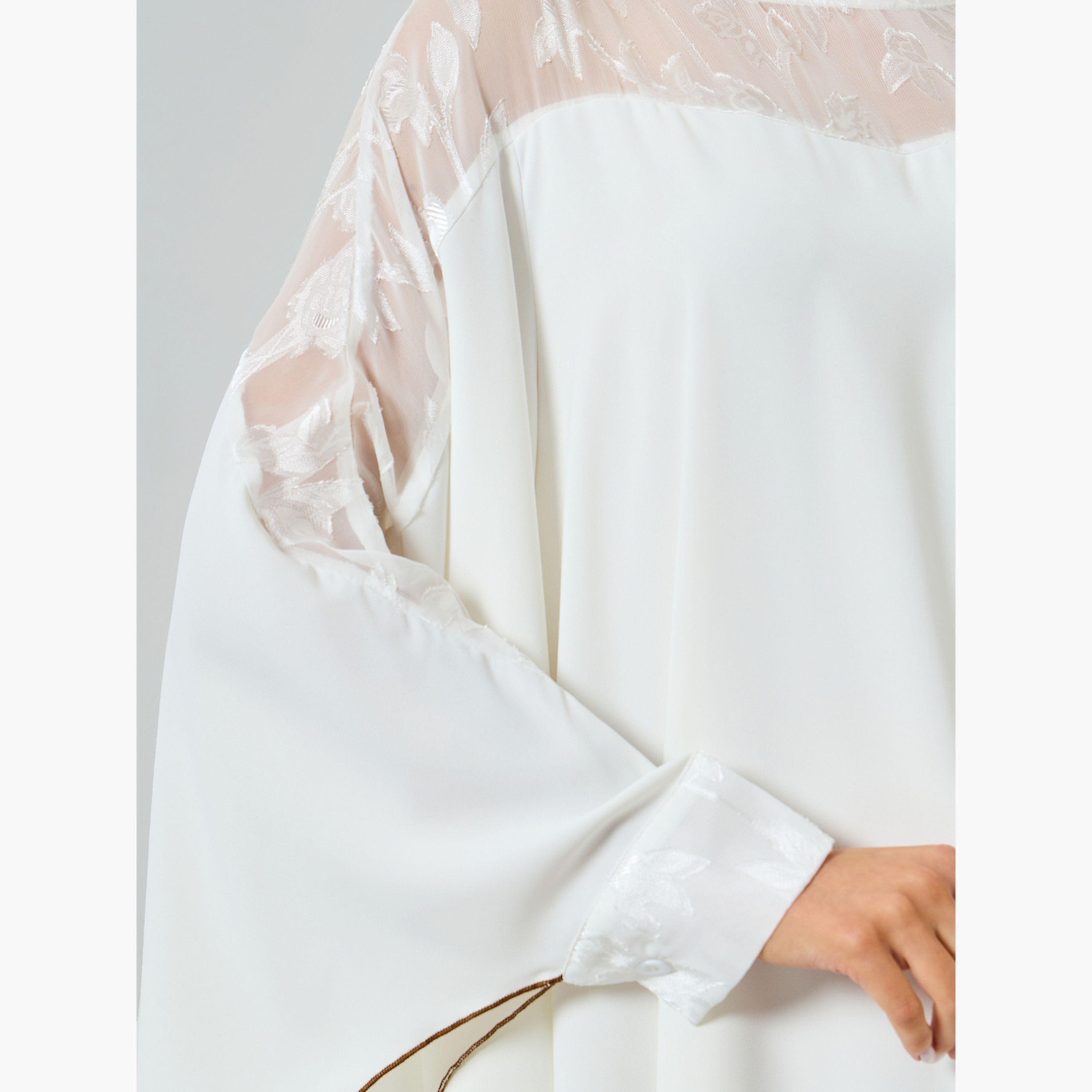Take Two White Contrast Bell Sleeve A-Line Kaftan-women-arabicclothing-kaftan-image-5