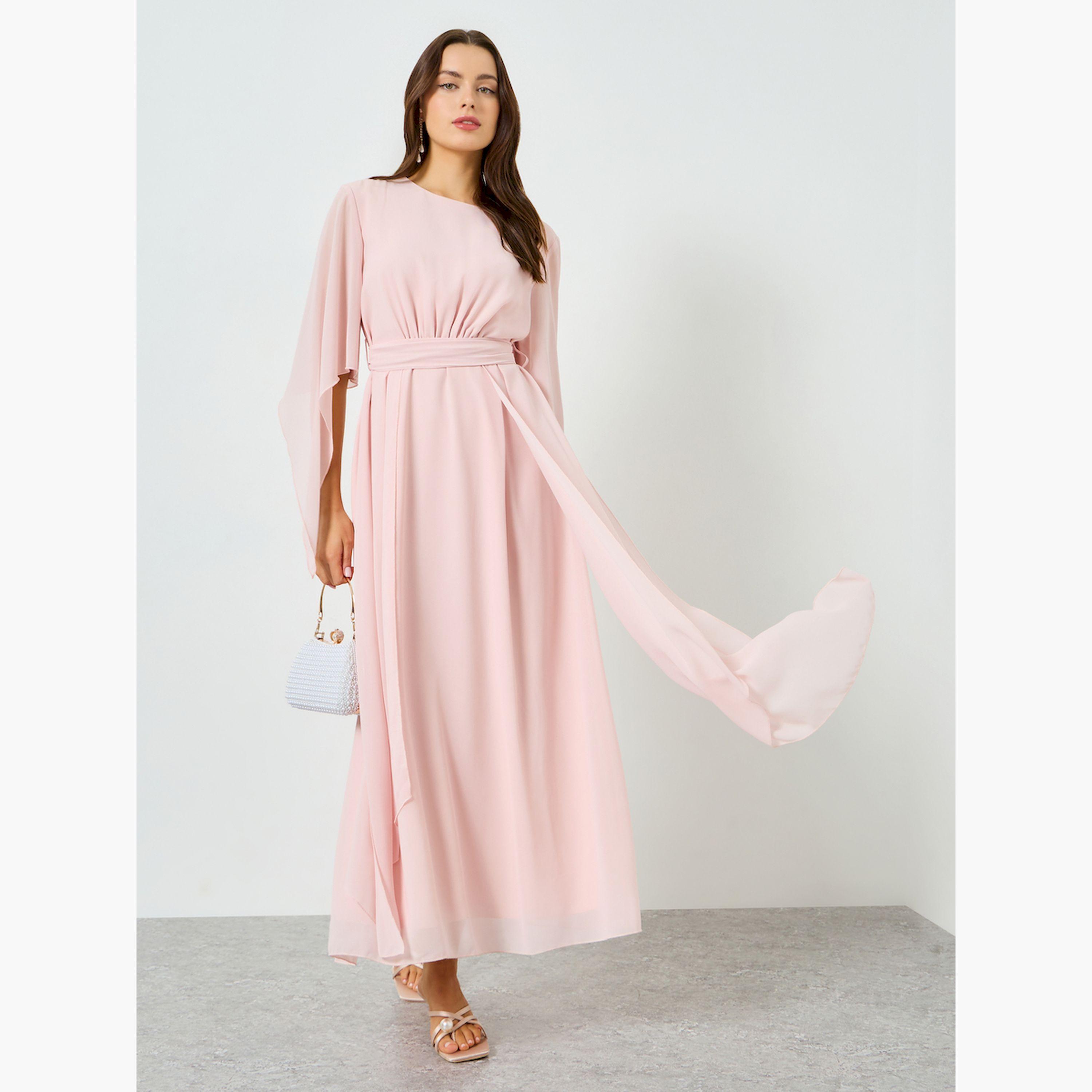 Take Two X Styli Pink Angel Sleeve Belted A-Line Maxi Dress-women-clothing-dresses-image-1