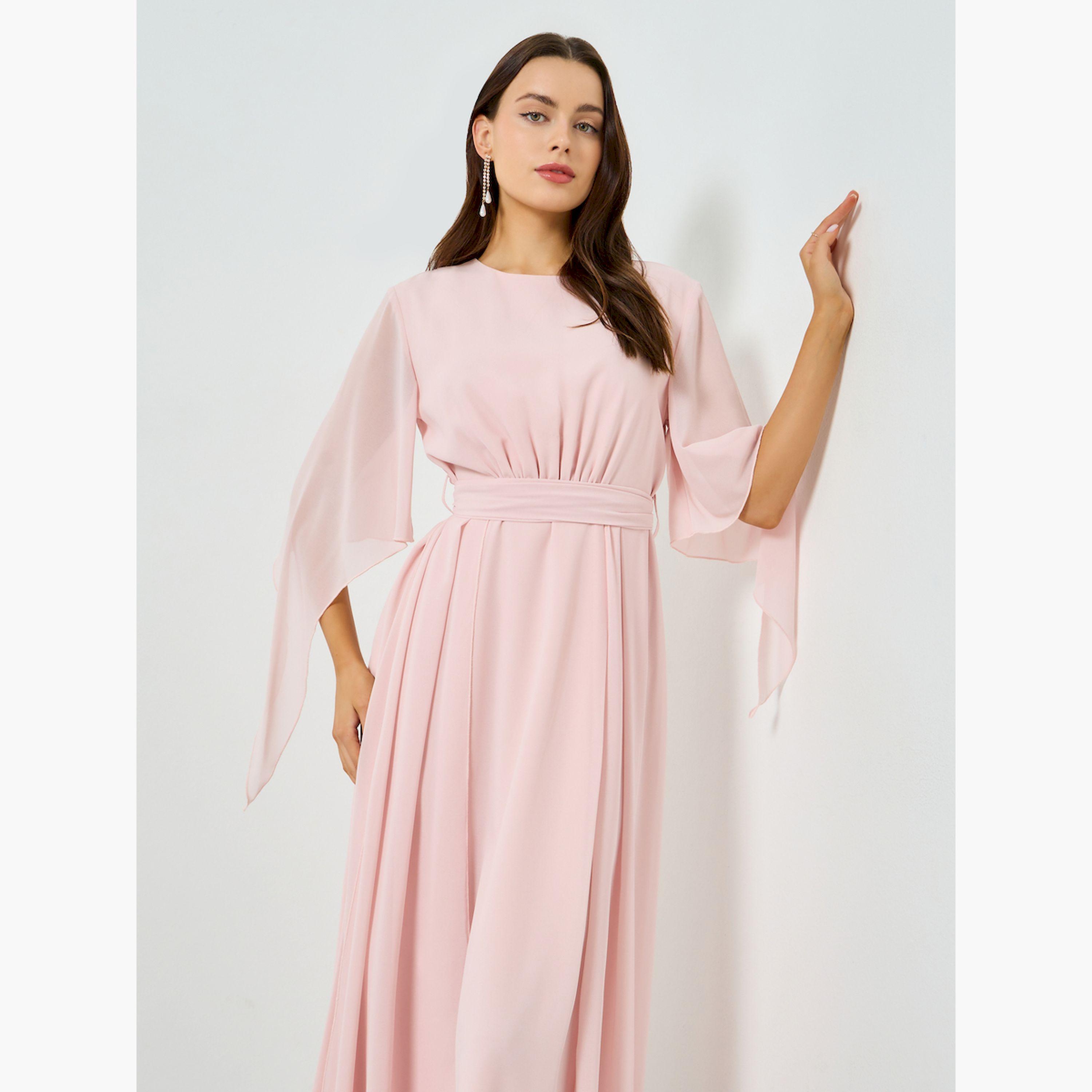 Take Two X Styli Pink Angel Sleeve Belted A-Line Maxi Dress-women-clothing-dresses-image-2