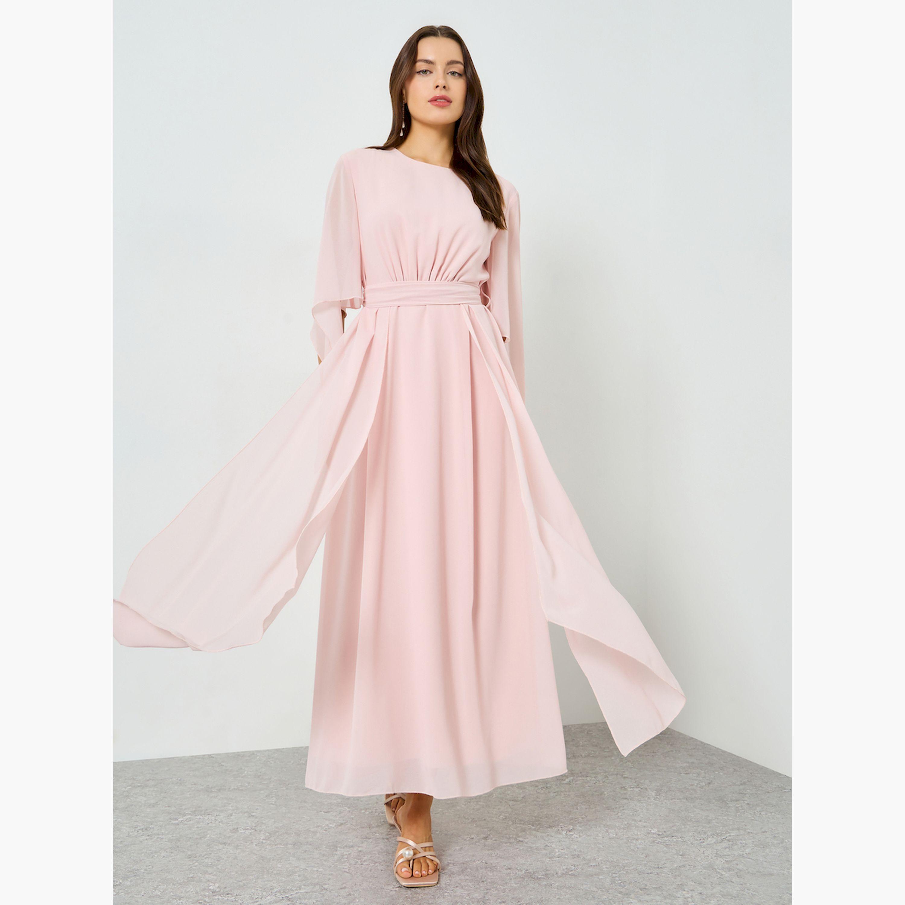 Take Two X Styli Pink Angel Sleeve Belted A-Line Maxi Dress-women-clothing-dresses-image-3