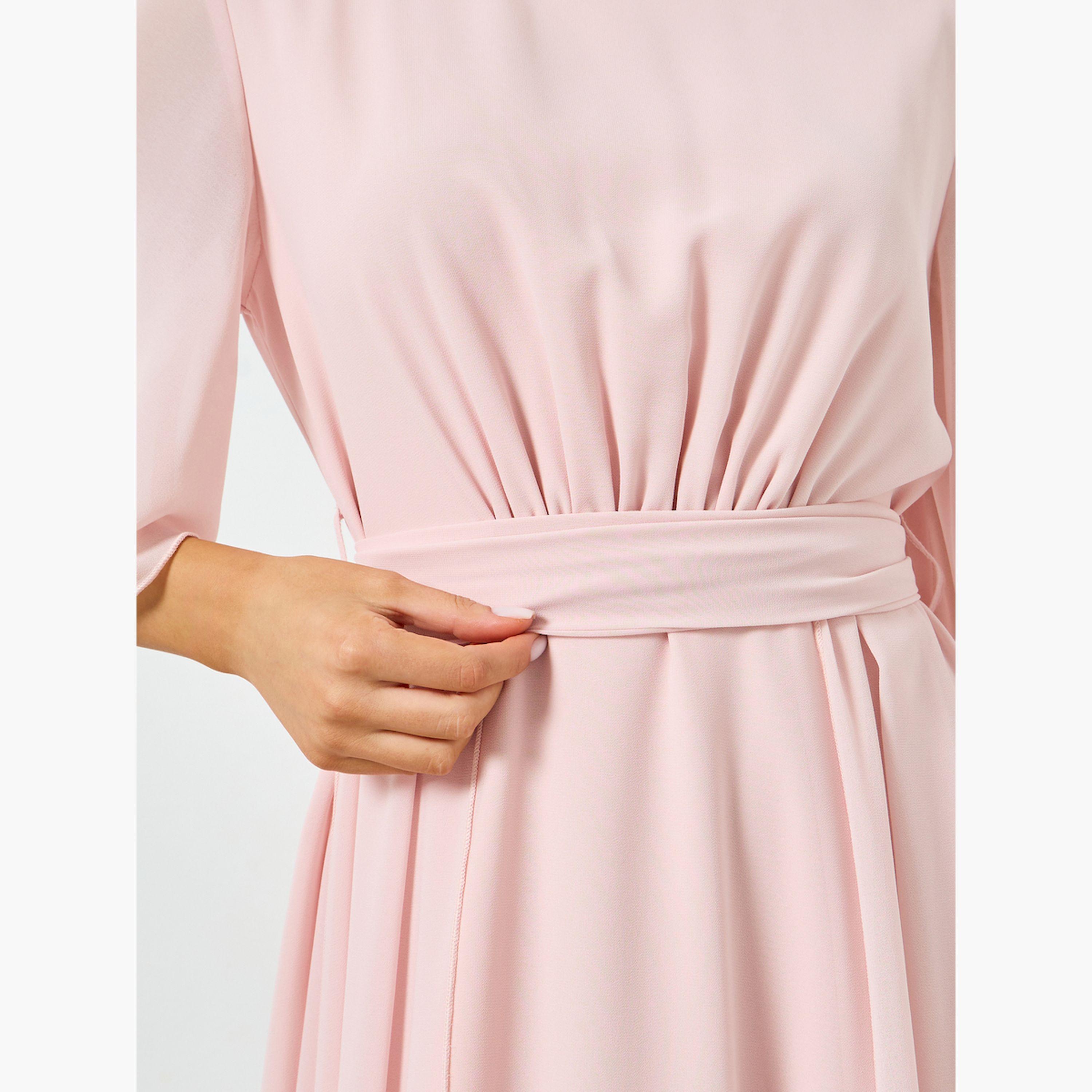 فستان طويل وردي بحزام وأكمام أجنحة-women-clothing-dresses-image-4