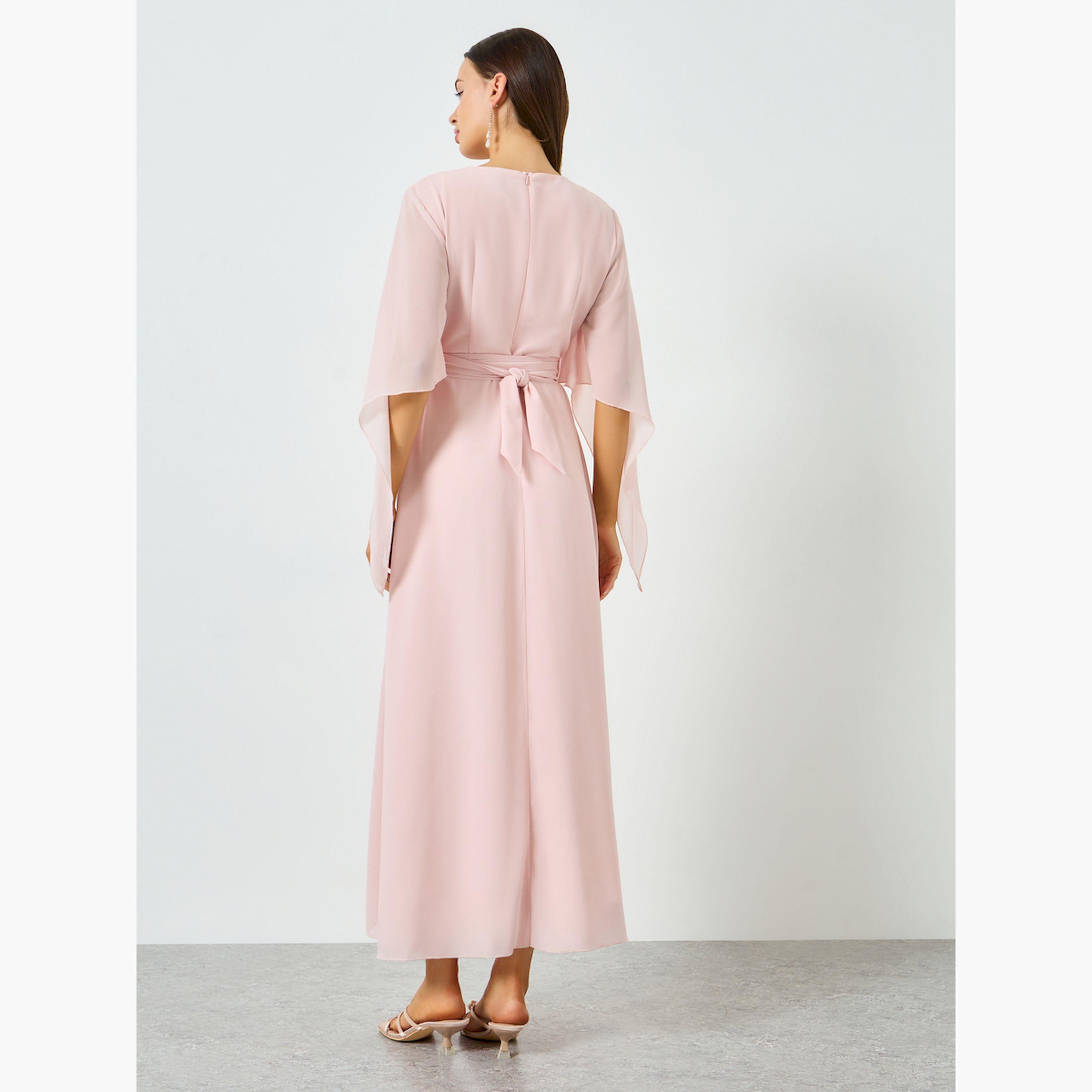 فستان طويل وردي بحزام وأكمام أجنحة-women-clothing-dresses-image-5