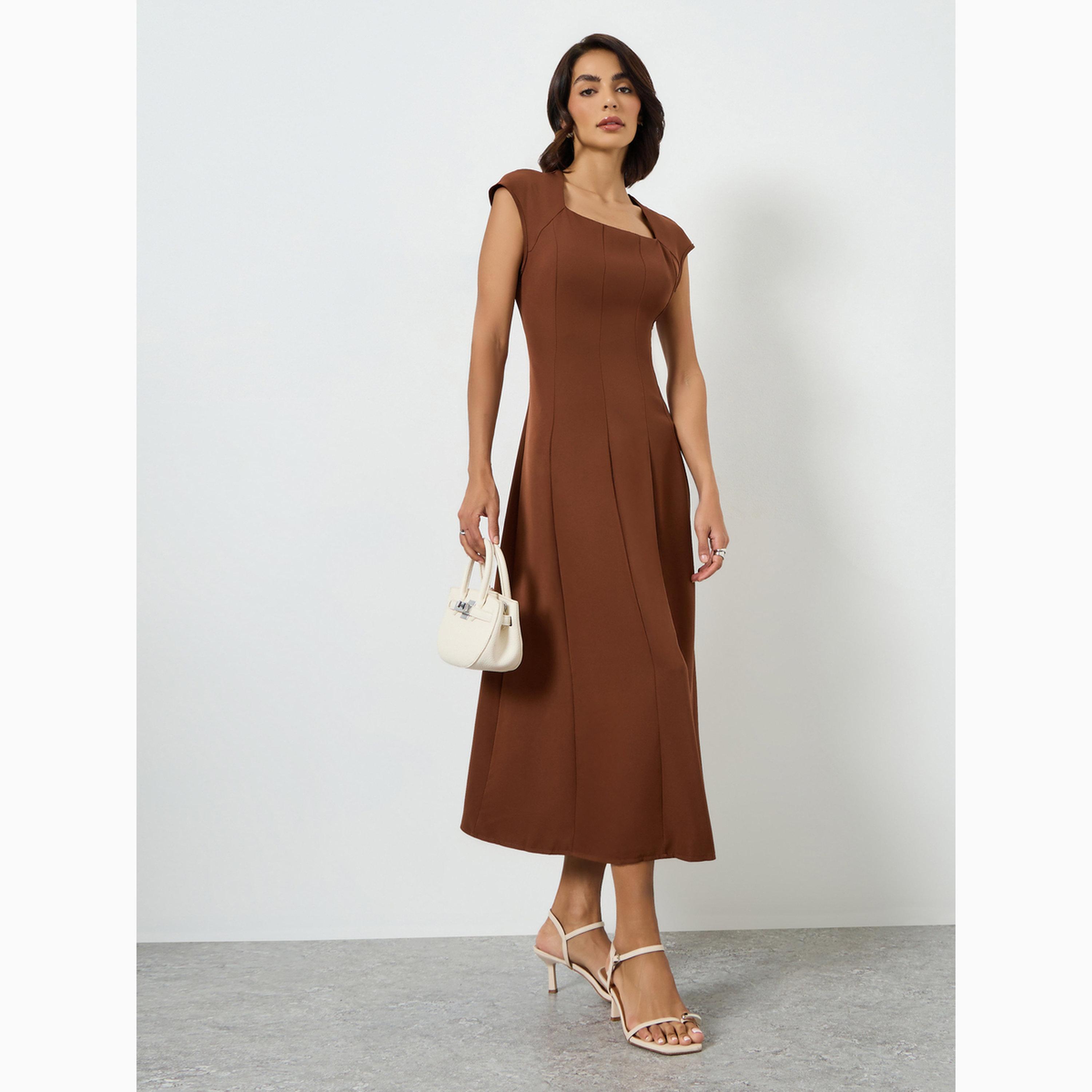 تيك تو - فستان ميدي بني اللون بياقة مربعة وقصة واسعة من الأسفل-women-clothing-dresses-image-3